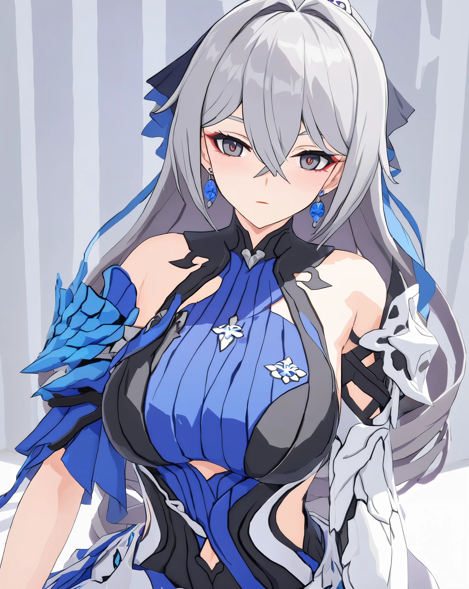 masterpiece, Best quality�����������mmd, 1 girl, Bronya Zajczyk, breast, alone, long hair, split, gray hair, gray eyes, Shut up, earrings, Bangs, jewelry, skirt, bare shoulders, sleeveless, hair between eyes, 单pauldron, looking at the audience, large breast, armor, shoulder armor, drill hair, sleeveless skirt, Upper body, single sleeve, double diamond, white skirt, pauldron, Poker face