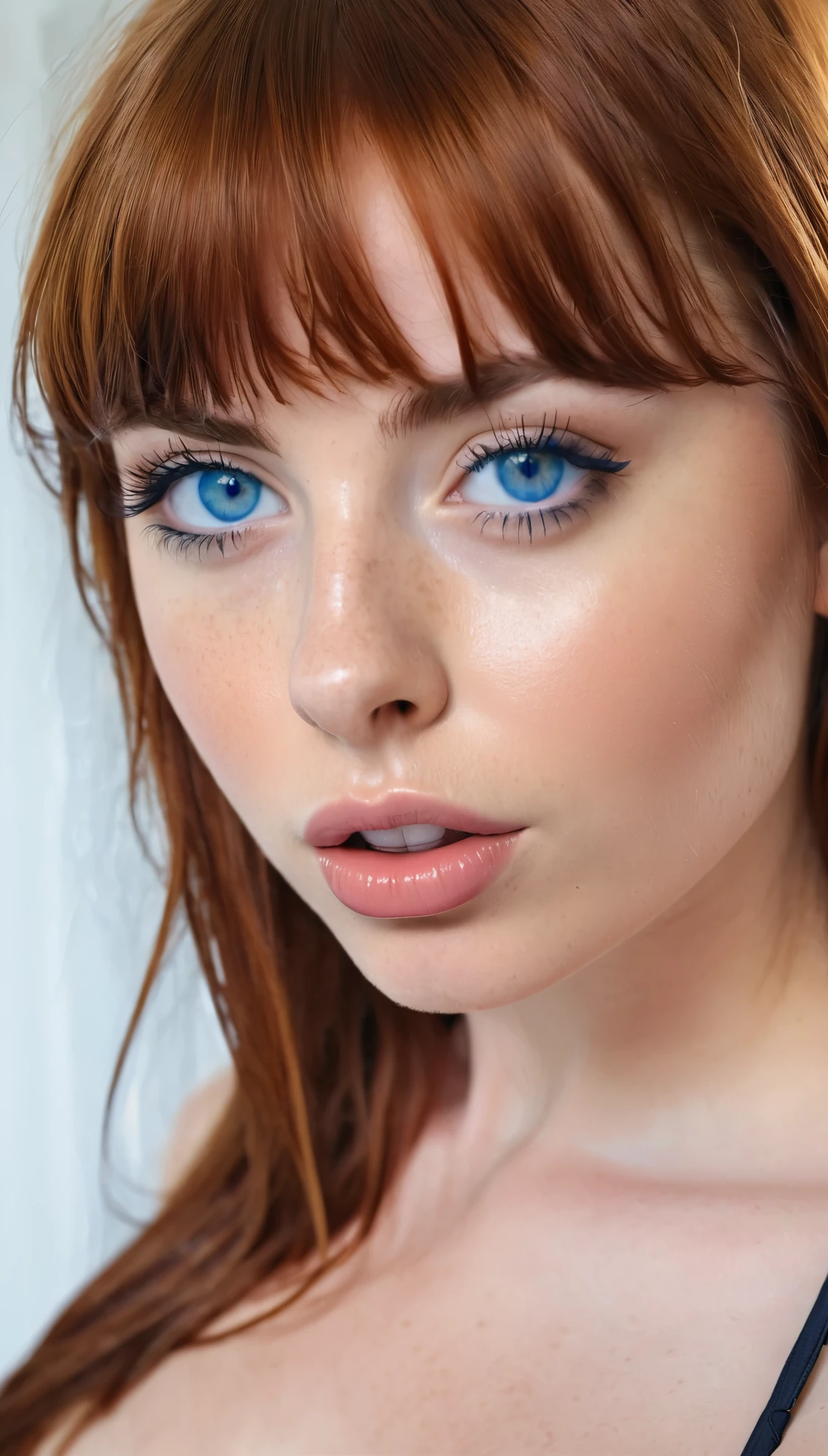 21 years old woman, auburn hair, bangs divided in the left, big bright blue eyes, point big nose, very large full and sexy lips. No makeup. She is wearing a bikini, she has round firm, fake . Her body is covered in oil, the light mekes her more attractive and sexy.