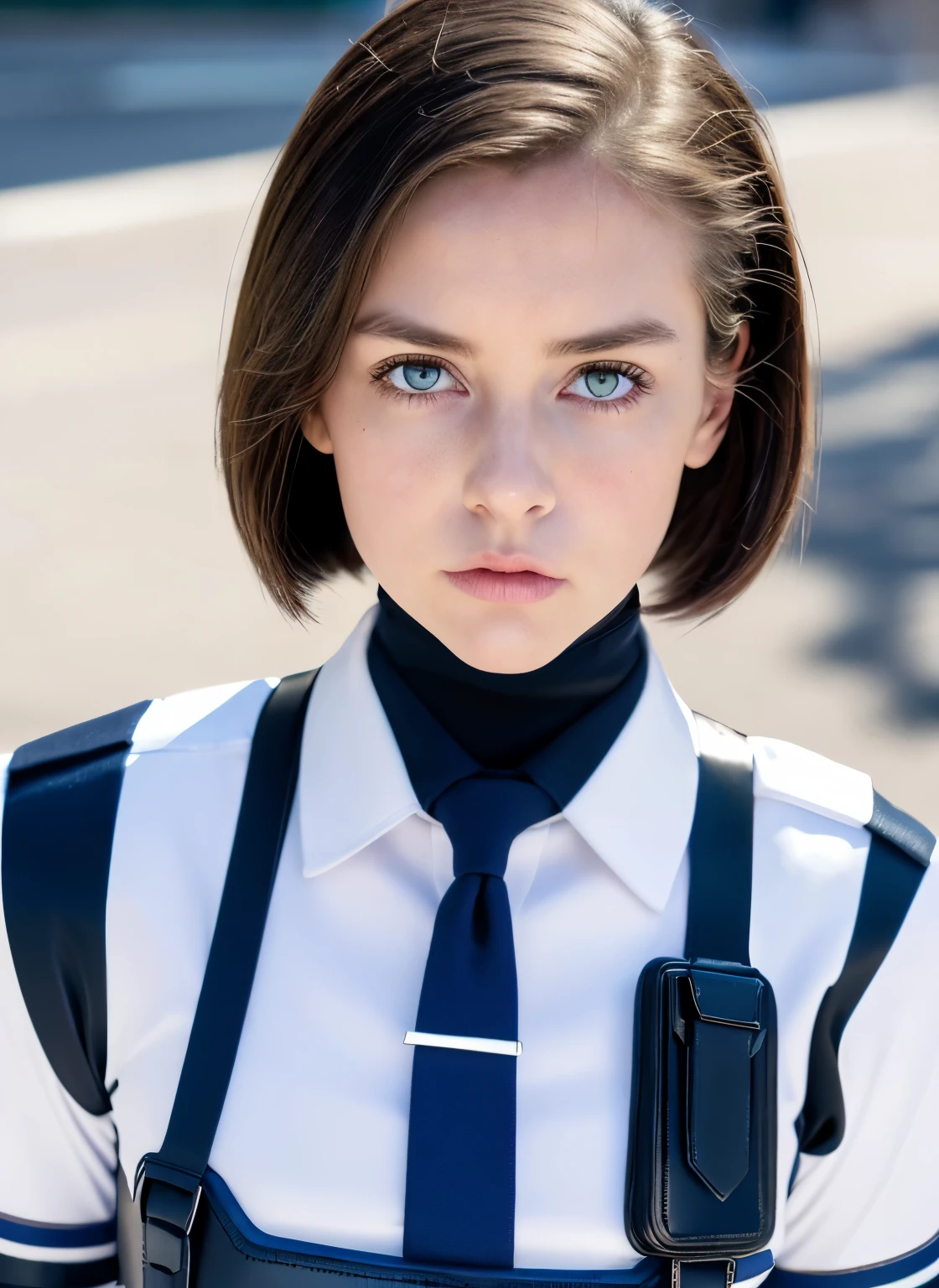 (cop uniform), (masterpiece, highest quality, pretty girl, beautiful face, 8K, Raw photo, realistic, confused:1.2), teens、American female mounted police officer, 、rubber riding boots、gloves、white shirt、tie、chromatic aberration, High resolution, Super detailed, finely,, fine skin, eyes and face, sharp pupils, realistic student, sharp focus, street、