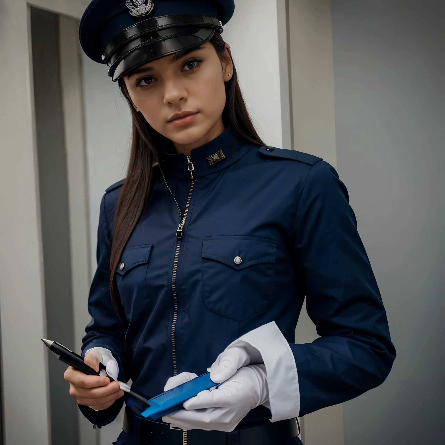 Policial militar branco, PETROLEUM BLUE UNIFORM, colete preto, armado, with a pen in hand