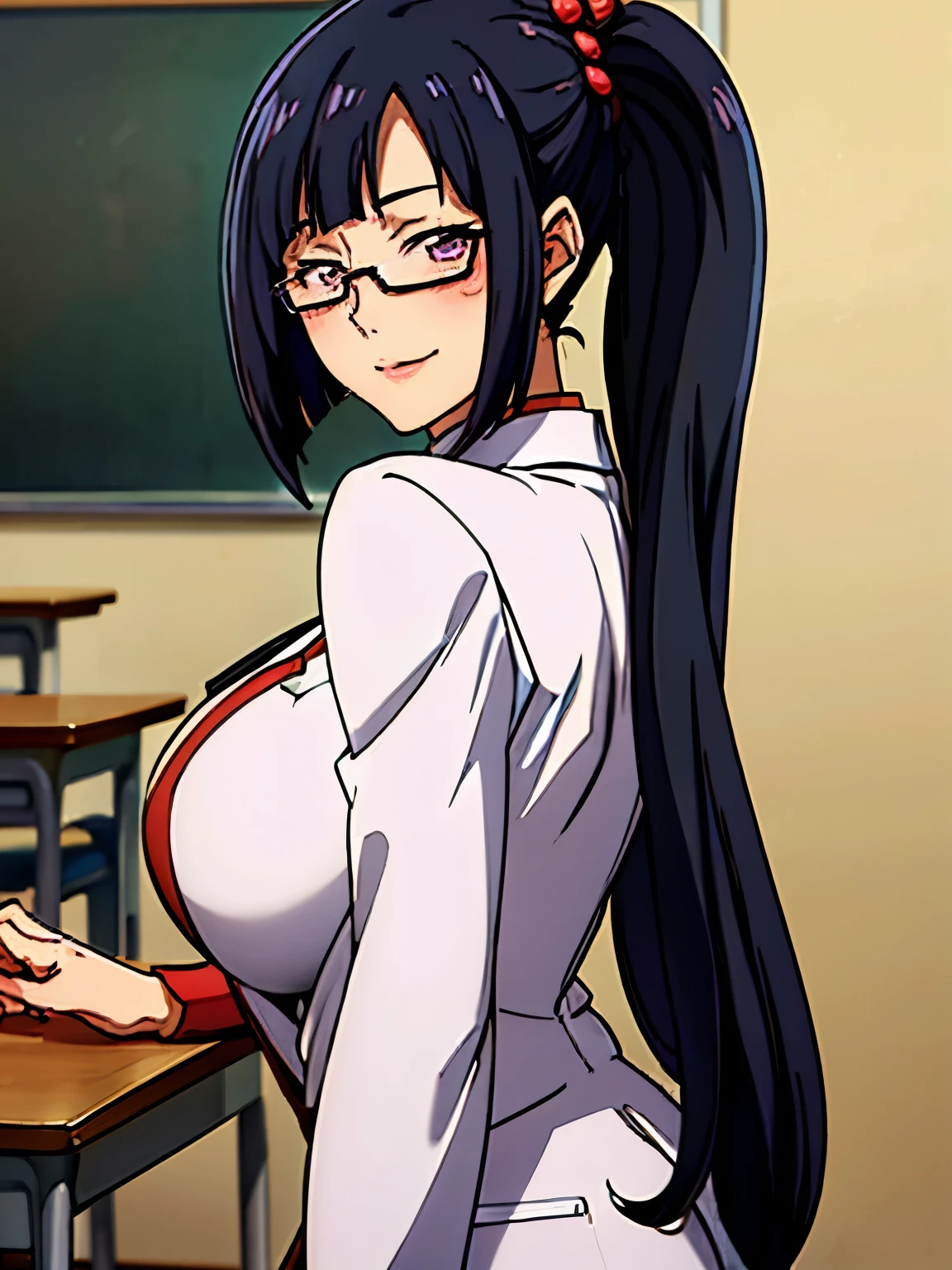 sitting at table, reading a book, white formal shirt, lab coat, black short pants, (classroom background), (at classroom), ((potrait her body)), (focus on her face), (cowboy shot), semi-rimless eyewear, black hair, very long hair, ponytail,Bangs,purple eyes, litchi faye ling, 20 years old, (solo), takeda hiromitsu style, anime cels style, best quality, high resolution, (huge breasts:1.3), blush, light smile