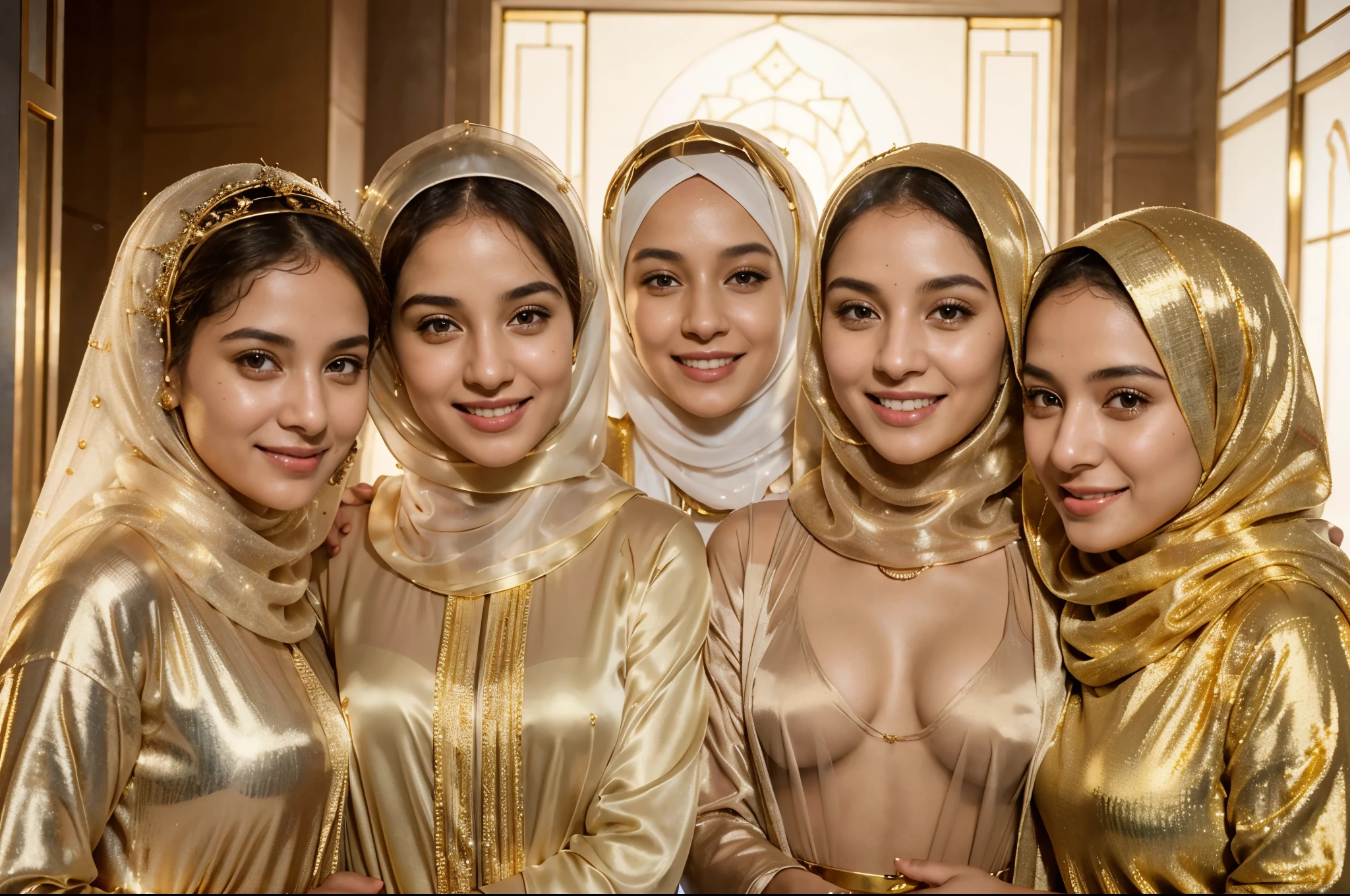 there is a woman in hijab and transparent dress, middle eastern skin, gold transparent hijab, gold pashmina hijab, gold hijab, Girls wear transparent silk and gold jewelry, transparent white silk robes, their faces are smiling, their expressions are happy and smiling. looking at camera, cinematic, ((masterpiece)), ((best quality)), 8k, high detail, very detailed, seven beautiful girls, shari hijab, pashmina hijab, hijab, Girls wear transparent silk and gold jewelry, white silk transparent robes, their faces looked for laughter, laughter, their expressions were happy and smiling. looking at camera, cinematic, inside the golden palace, UHD, ultra high resolution, Photorealistic,