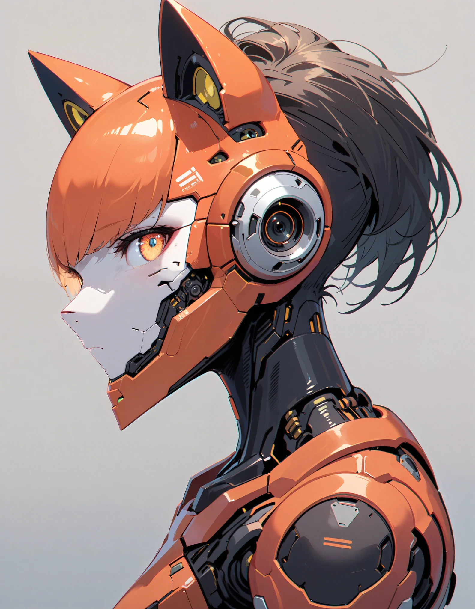 best quality, absurdres, (ultra high res), cyborg cat, humanoid cat, male body, detailed fur, vr visor, cyber wearface, cyberpunk cat, cat face, cat head, furry body, (excellent anatomy), good proportion,  mechanical bodysuit, cyber helmet, orange suit, orange helmet, (cinematic lighting), (simple gray background), fullbody view