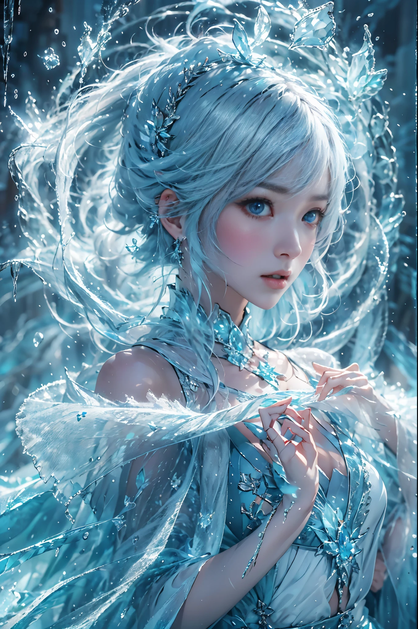 (((1 girl)))，dynamic poses，（Crystal dress：1.5），（magic circle：1.2），magic circle，blue concentric circles，ice crystals，concentric circles of frost，(((icicle)))，Ice mist，Ice particle effects，（Ice butterfly：1.2），Amazing results，,best quality,masterpiece,ultra high resolution,detailed，8K resolution,chiaroscuro，NVIDIA RTX