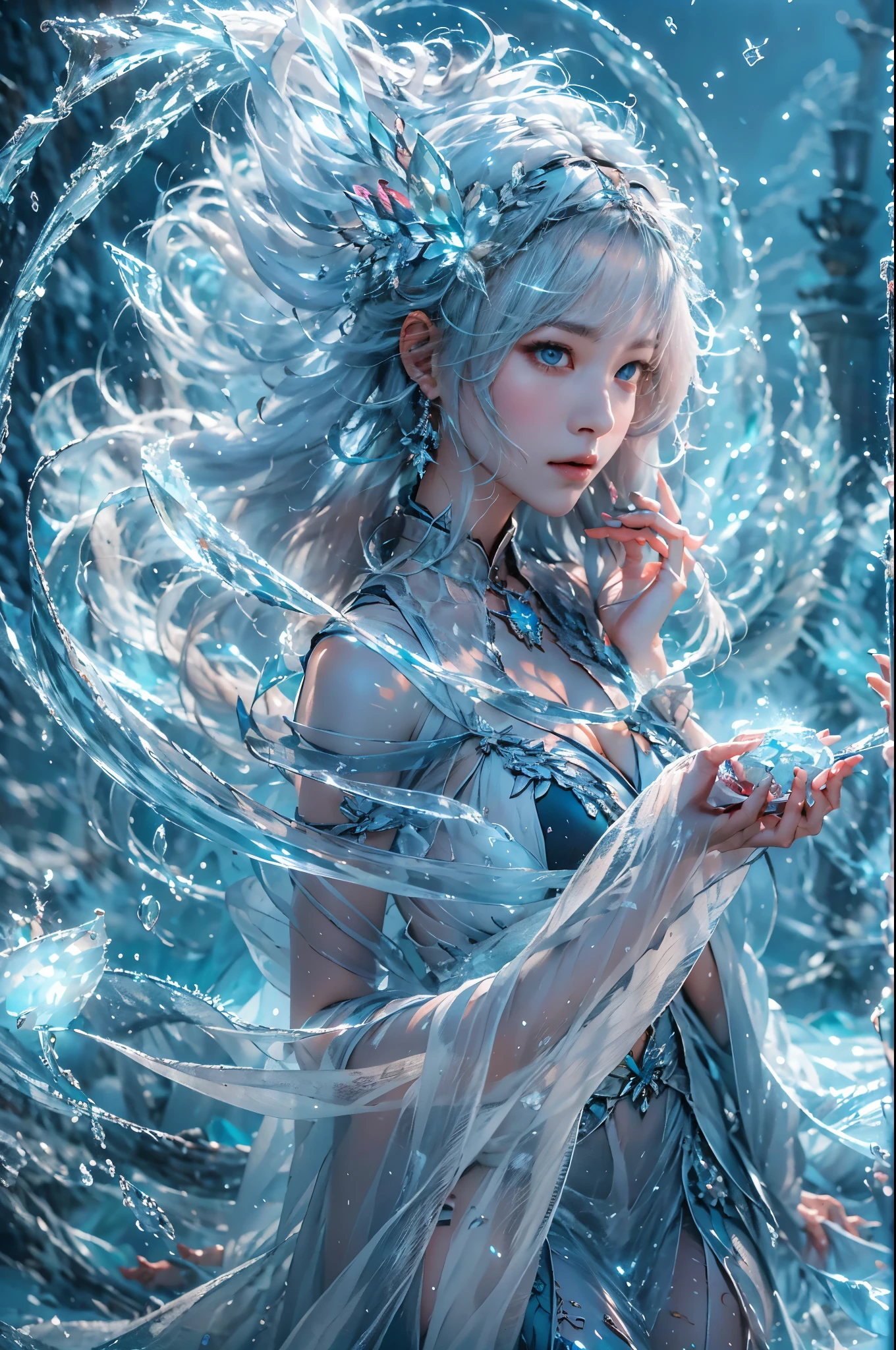 (((1 girl)))，dynamic poses，（Crystal dress：1.5），（magic circle：1.2），magic circle，blue concentric circles，ice crystals，concentric circles of frost，(((icicle)))，Ice mist，Ice particle effects，（Ice butterfly：1.2），Amazing results，,best quality,masterpiece,ultra high resolution,detailed，8K resolution,chiaroscuro，NVIDIA RTX