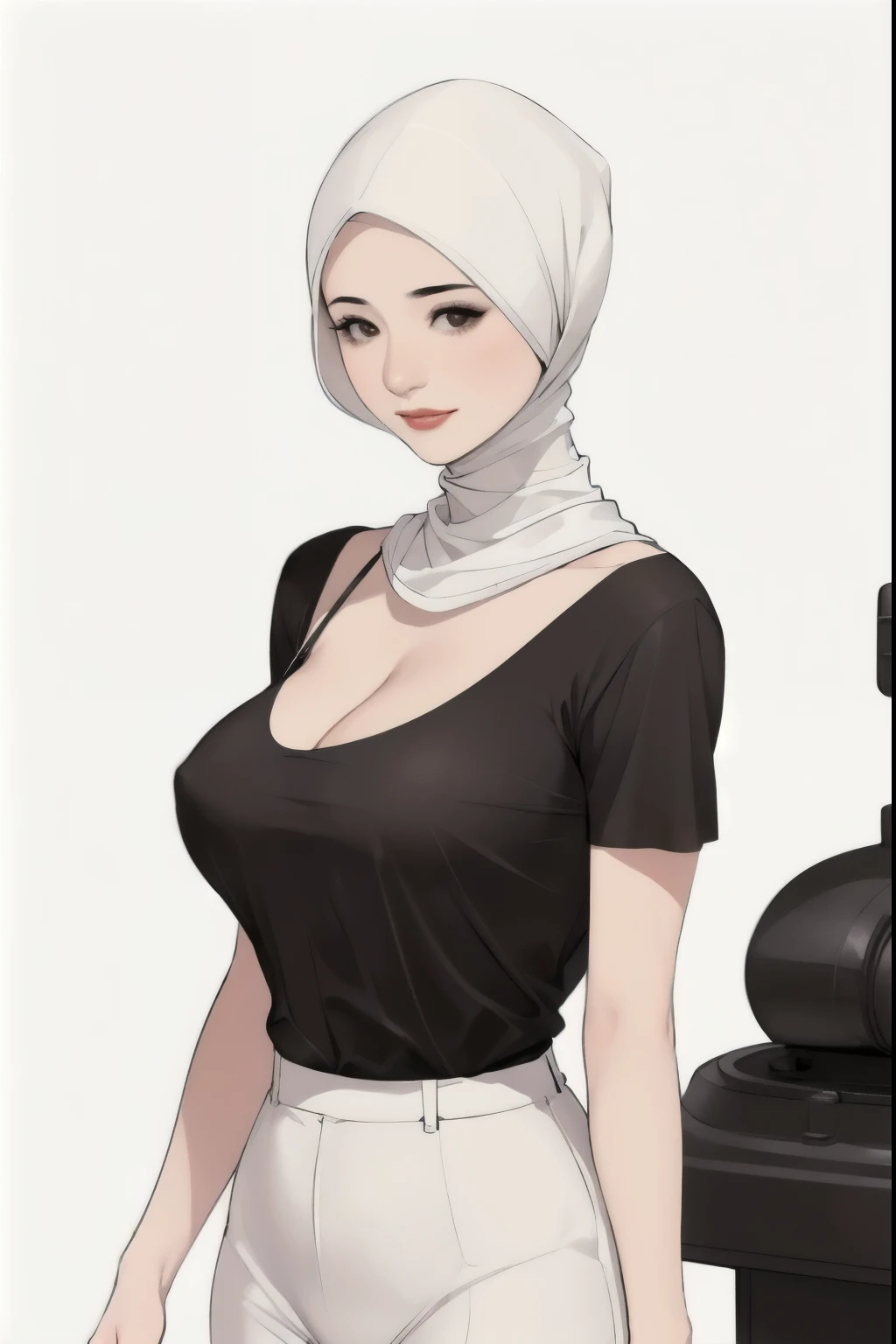 diona shin, standing, portrait, red lips, nsfw, standing, portrait, (masterpiece, best quality), solo, looking at viewer, upper body, standing, fw.dona.shin, mature female, sexy, hot, white hair, diona shin, white background, white hair, very soft breast , soft breast , milf, milf face, tease, detail face, cleavage , Hijabolic, hijab, smirk, chubby , milf, milf face, tshirt, t-shirt