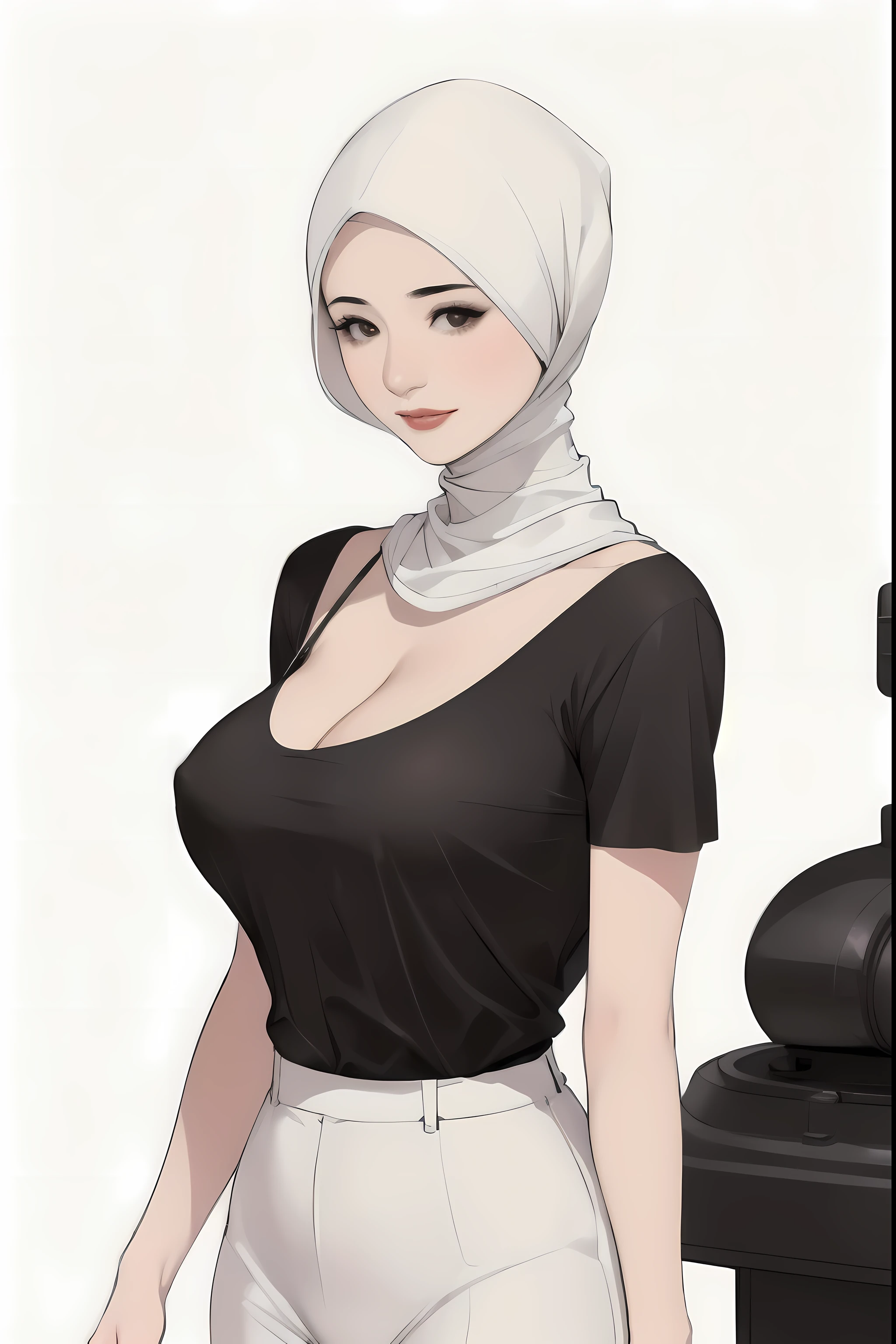diona shin, standing, portrait, red lips, nsfw, standing, portrait, (masterpiece, best quality), solo, looking at viewer, upper body, standing, fw.dona.shin, female, sexy, , white hair, diona shin, white background, white hair, very soft breast ,breast , milf, ace, teasetail , cleavage , Hijabolic, hijab, hubby , milf, milf face, tshirt, t-shirt