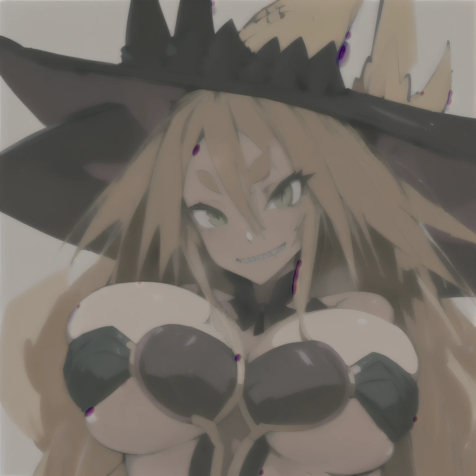(((Masterpiece))), (((Best Quality: 1.4))), ((Super Detail: 1.4)) , hyper detailed gouache painting of a female Metallia, one girl, hyper detailed face features, expressive face, detailed textures, natural skin shader, volumetrics, warm undertones under her skin, ultra High resolution. long blond hair, fox ears ,witch hat with an purple eye, twin braids, slim sporty body, big tits, green eyes, sharp teeth, naked, vaginal or anal sex with a huge horse