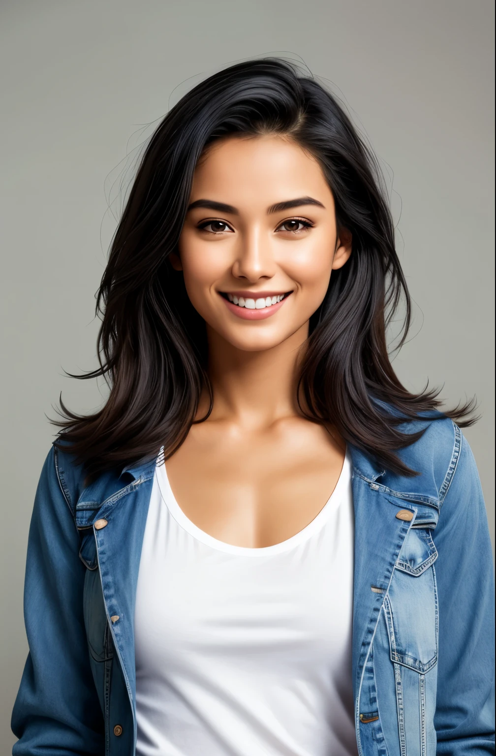 photograph of jg-jc0n, an effortlessly beautiful girl next door wearing a plain tshirt and jacket, (happy excited smile), jeans, photoreal, hyperrealism, best quality, (natural skin texture, highly detailed face), masterpiece, sharp focus, absurdres, by arny freytag