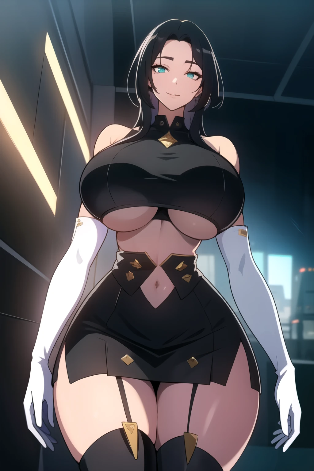masterpiece, best quality, absurdres, 8k, perfect shadows,perfect lighting,hdr, cowboy shot,shiny skin,skindentation, beautiful body, kafka, ((black hair: 1.4)), long hair, (green eyes: 1.1), (crop top, underboob, elbow gloves, thigh boots, split skirt, bare shoulders, curvy, midriff, curvy, thighs, higheels, shiny clothes), complex detailed background, inside, luxury palace) (gigantic breasts,hourglass body, thin waist,very slim waist)extremely detailed face,detailed eye makeup, detail face, nice detailed eyes,nice hands, perfect hands (realistic pupils,realistic iris:1) heavy eye makeup,glowing eyes, Bright eyes,standing,standing at attention,(seductive smile), gigantic breasts, curvy