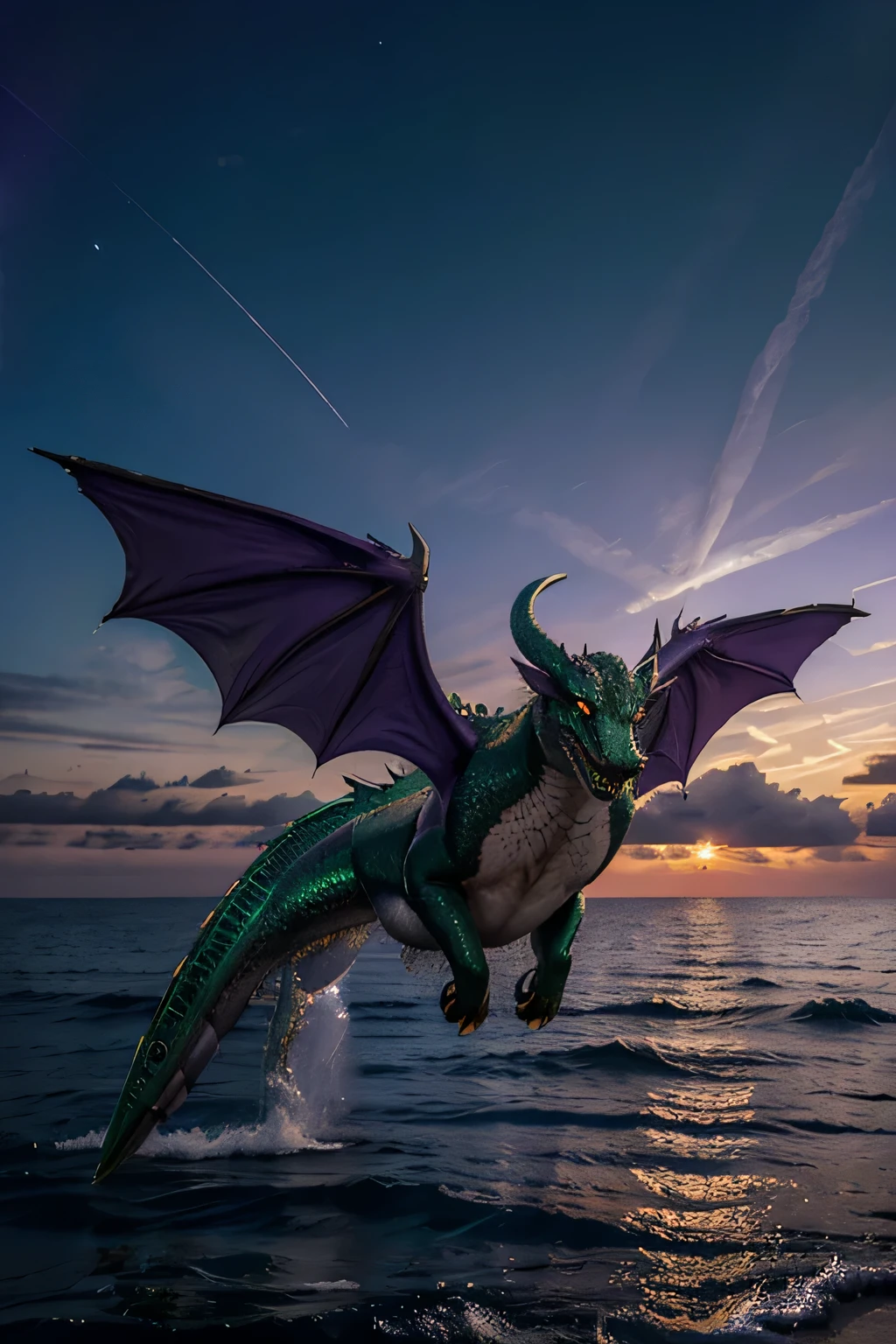 "Please, draw a majestic emerald green dragon flying over a sparkling ocean under a purple twilight sky