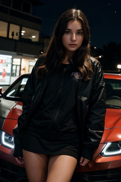girl next to a sports car at night