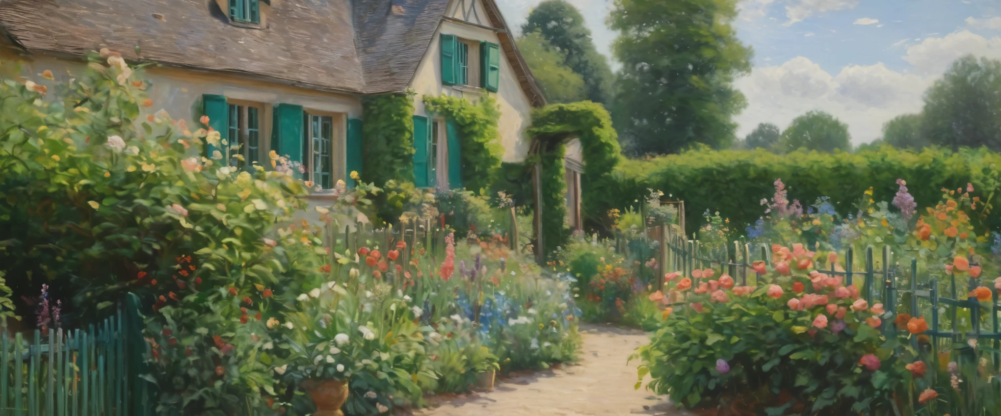 (best quality,8k,highres:1.2),(hyperrealism:1.1)painting of a house and garden with a fence and flowers, monet painted, french impressionism, claude monet), high detail impressionist style, in the painting style of renoir, monet style, impressionism style, charles monet, romantic impressionism, impressionist style, impressionist art, inspired by Henri Fantin-Latour, monet painting, by Blanche Hoschedé Monet