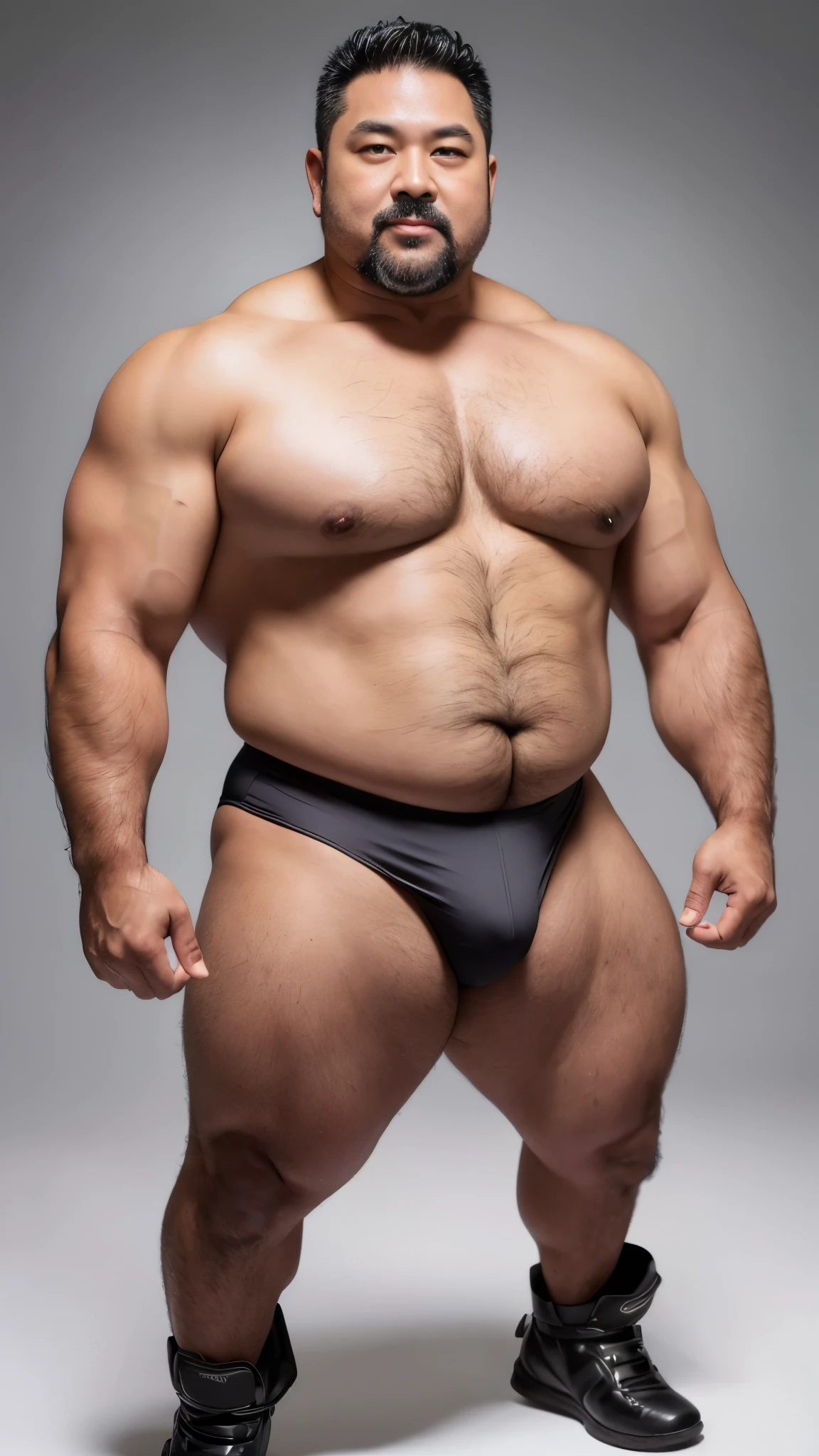 black hair, middle-aged man, individual, male, Muscular wrestler, muscular, Stout wrestler, Asian, Japanese, uncle, 55 year old middle-aged man, short hair, short hair, white wrestling boots, full body portrait, shadow, Vision, white briefs, obesity, 45 years old, short beard, middle-aged man, tattoo, fingerless gloves, Wheat skin, shiny skin, dark skin, Show your pectoral muscles, sumo wrestler, bodybuilder, wide temples, Visible abdominal muscles, Smile, Fine hands, solid color background, pure white background, Surrealism, Panorama, 8k, super detail,