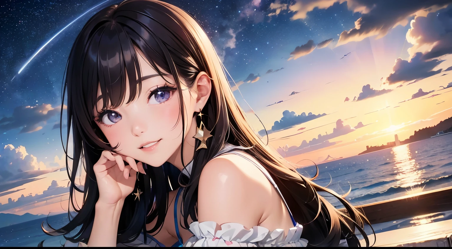 (8K), (best quality), (muste piece: 1.2)　images of the sky and space：in the song title"Skyhigh"Because it contains the word、It is a good idea to incorporate beautiful images of the sky and space.。for example、Starry sky and clouds、It would be good to use elements such as spaceships.。
bright colors："Euphoria"from the word、To express bright, positive emotions and elation、bright colorsを使用すると良いです。for example、Blue or purple、Bright colors such as pink are suitable。
rich design：ジャケットにはrich designを取り入れて、It&#39;s good to add elements that catch the audience&#39;s attention.。for example、intricate patterns and geometric