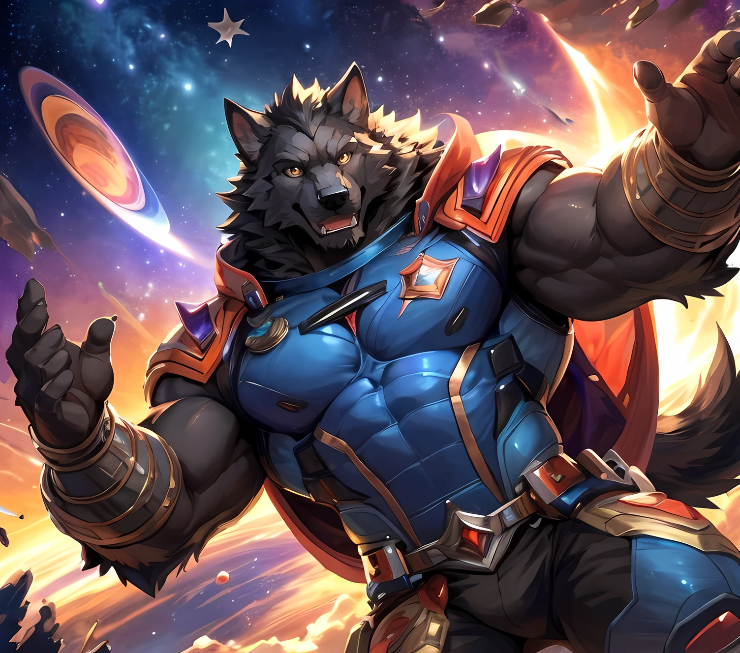 masterpiece,high quality,anime,detailed eyes,furry male Black Wolf, Blaidd, Great physique,strong arms manly, in Outer space, show some planets around, Colorful Heroes suit, (Sunset), Shimmering Stars, Surrounded by colorful stars, Joyful, by null-ghost,by pino daeni
