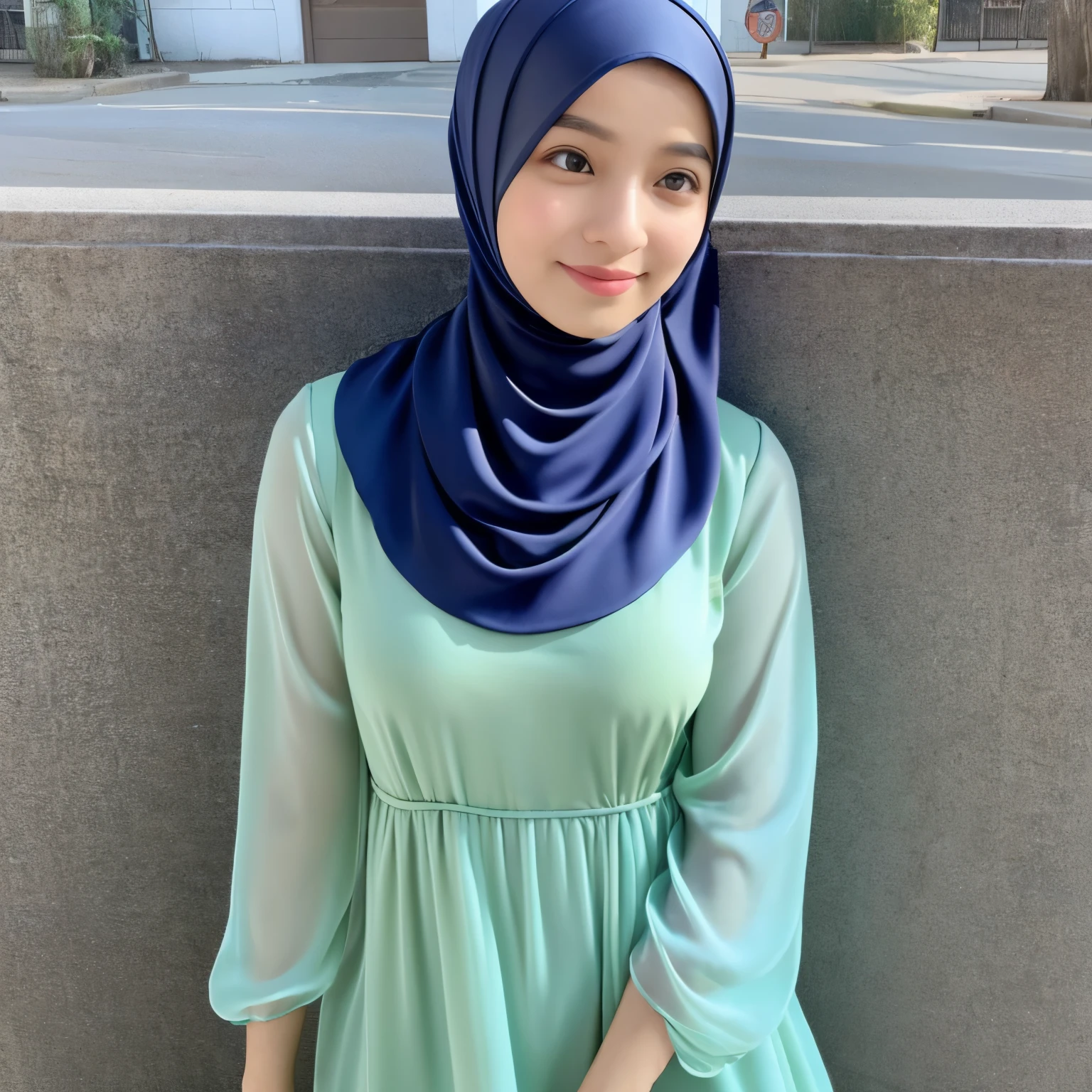 girl with tight satin baju kurung with satin hijab