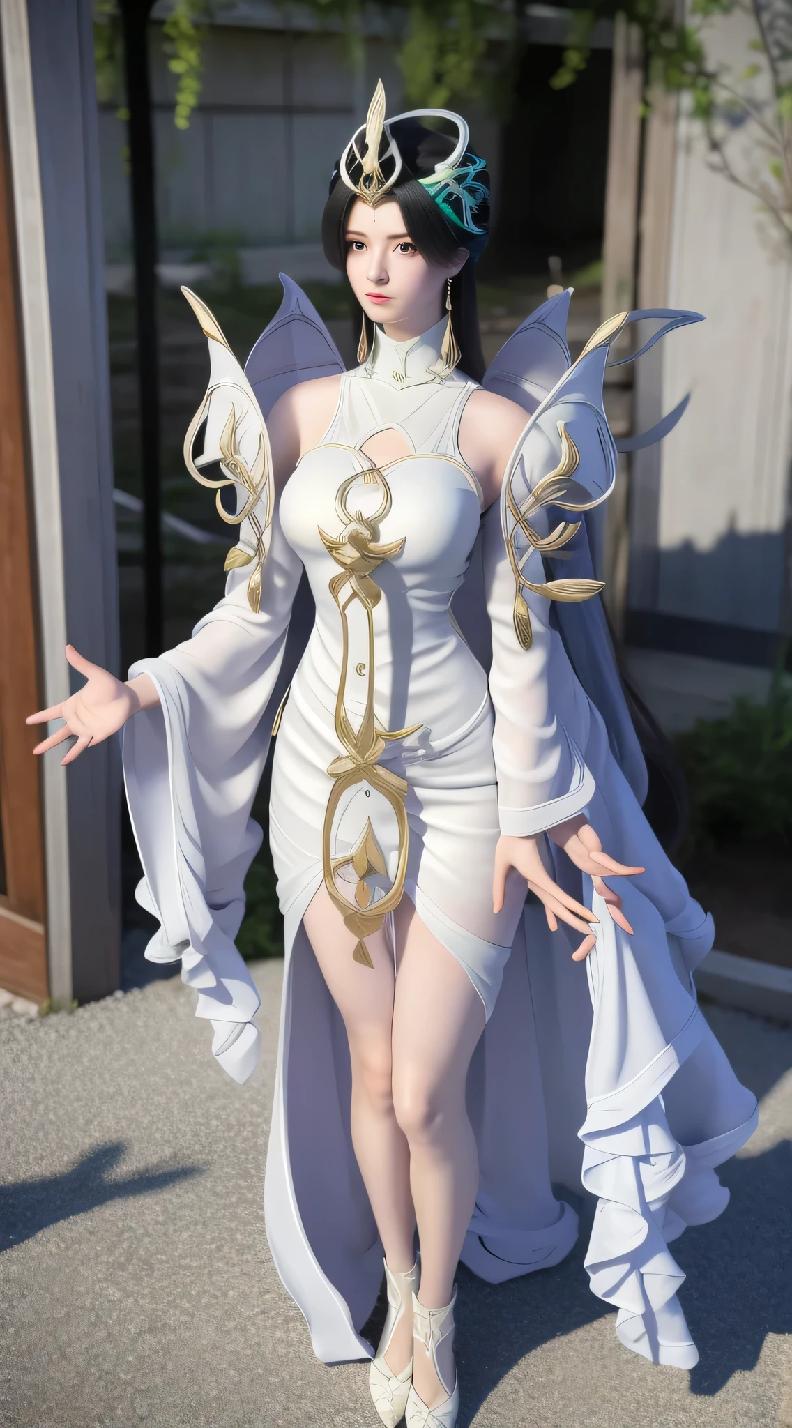 anime - style image of a woman dressed in a white and purple dress, 4 k detail fantasy, 3 d render character art 8 k, anime highly detailed, smooth anime cg art, trending on cgstation, 8k high quality detailed art, goddess. extremely high detail, hyperdetailed fantasy character, highly detailed character, 2. 5 d cgi anime fantasy artwork, big , hands on  , wide hipps , big ass 