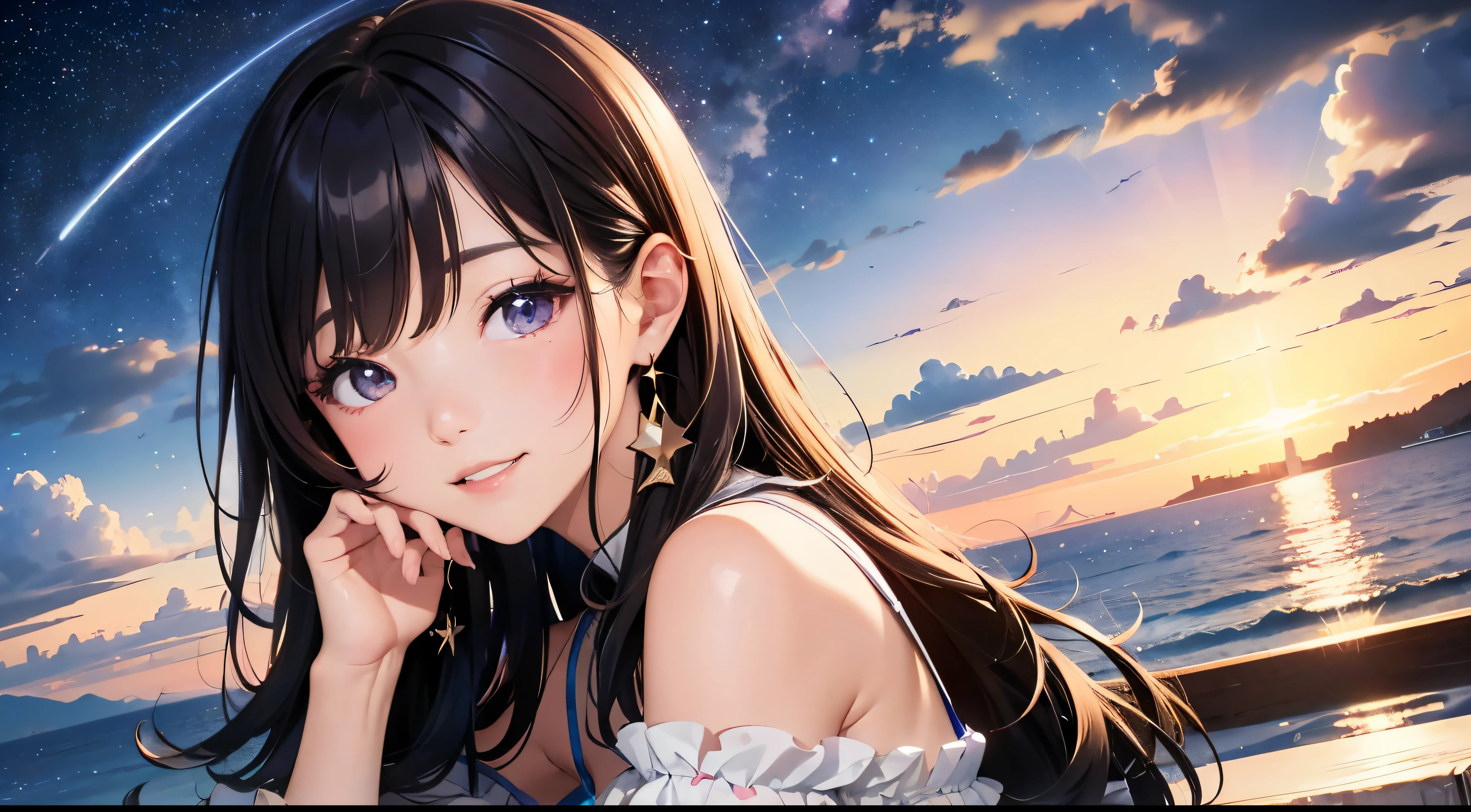 (8K), (best quality), (muste piece: 1.2) images of the sky and space:in the song title"Skyhigh"Because it contains the word、It is a good idea to incorporate beautiful images of the sky and space.。for example、Starry sky and clouds、It would be good to use elements such as spaceships.。
bright colors:"Euphoria"from the word、To express bright, positive emotions and elation、bright colorsを使用すると良いです。for example、Blue or purple、Bright colors such as pink are suitable。
rich design:Incorporate rich design into the jacket、It's good to add elements that catch the audience's attention.。for example、intricate patterns and geometric
