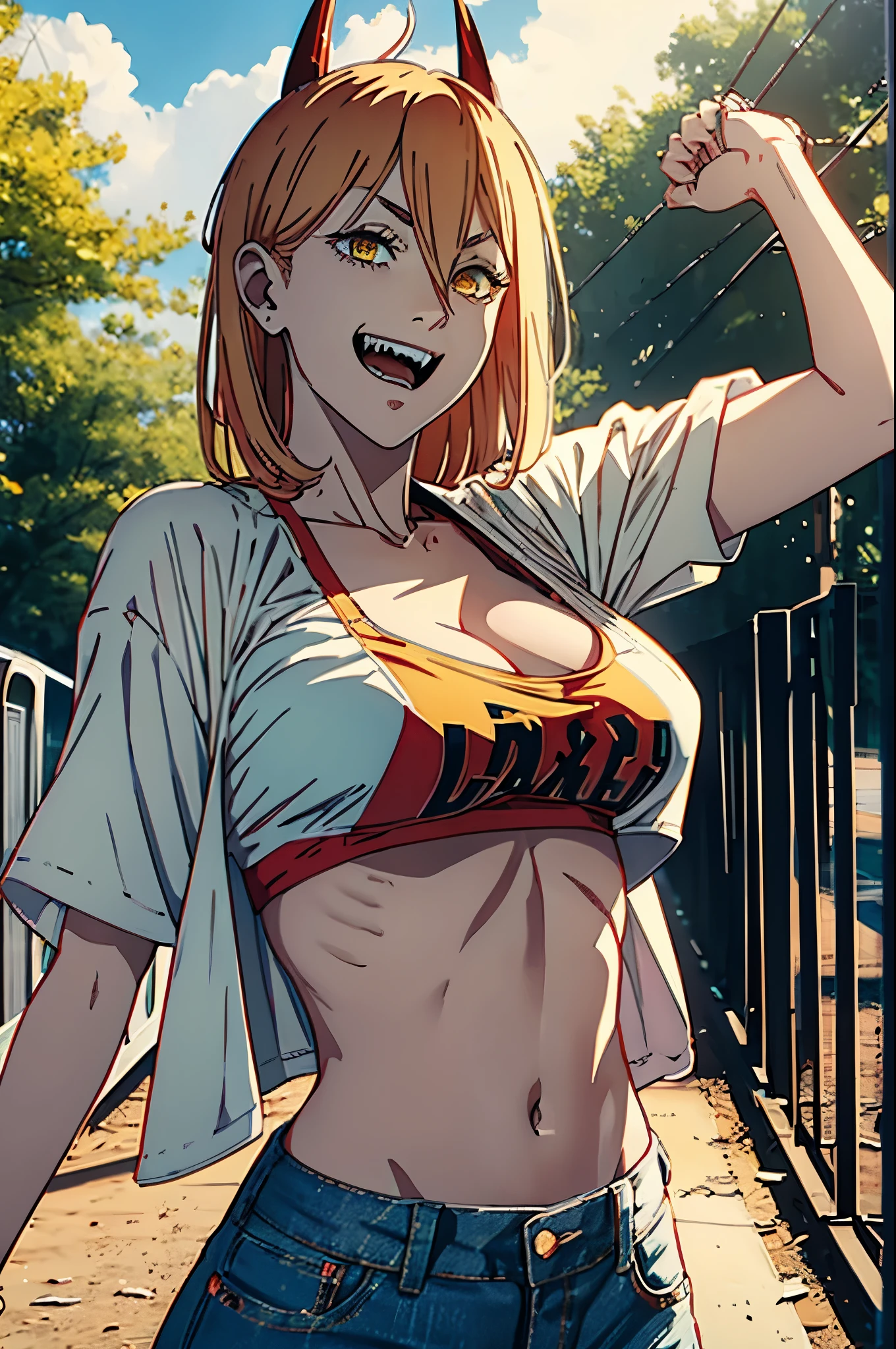 power from chainsawman, yellow vivid eyes, with her iconic two red horns on top her head, wearing demin jeans, crop top shirt, cleavage, open shirt, standing, park setting, fangs, excited, smiling