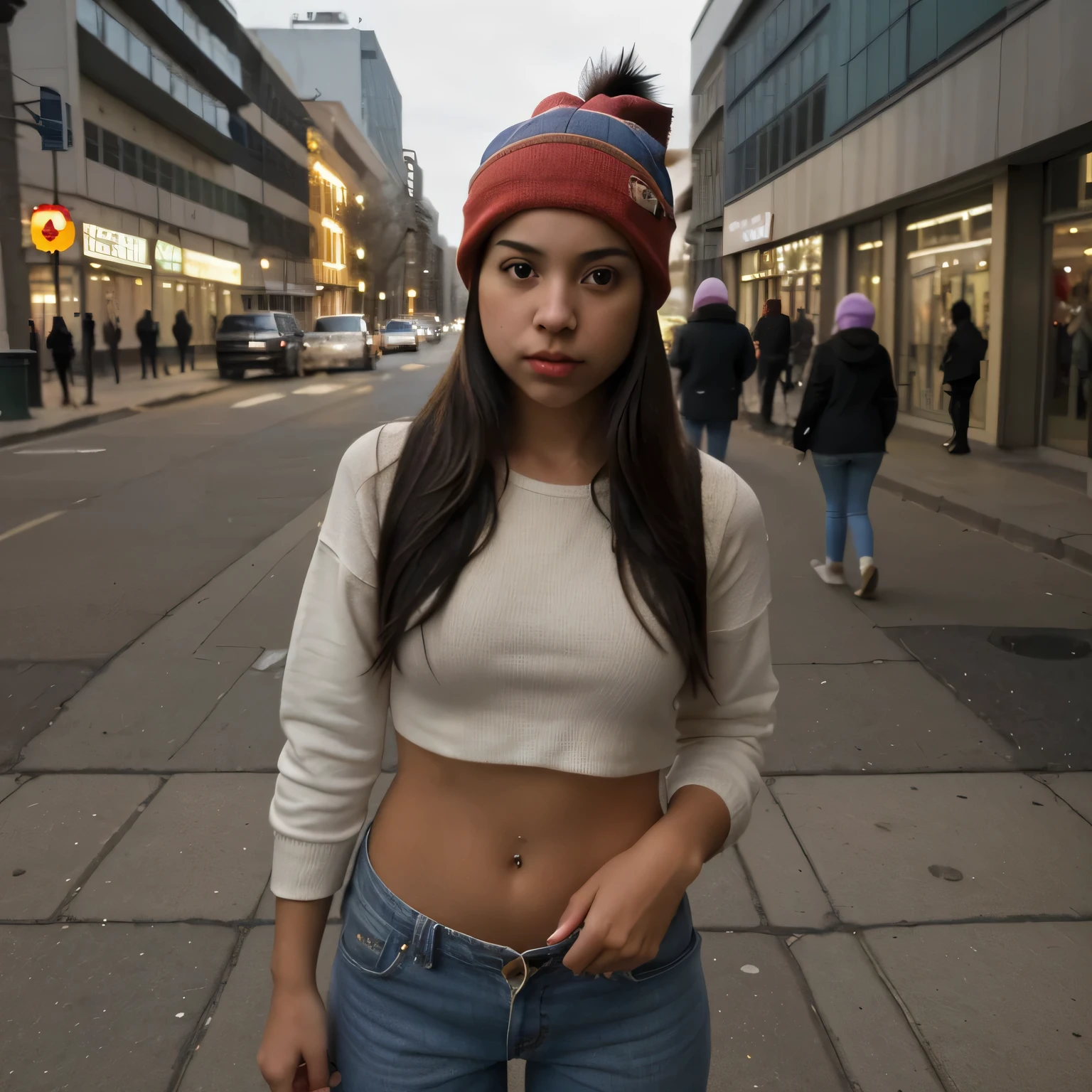 The streets come alive as a girl with a cinnamon complexion and straight black hair walks by in her streetwear chic ensemble. Her rectangle body and straight body give her a strong and powerful presence, while her round face and eyes exude warmth and kindness. Her small ears and thick and long lips add unique details to her appearance, and her fat and round belly adds a touch of softness to her overall look.