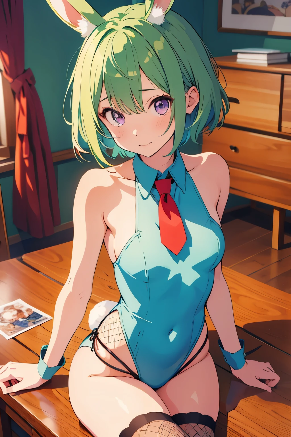 (highest quality,table top:1.2),(anime style,comic core:1.1),1 girl,cute style,adorable,highly detailed eyes,highly detailed face,very fine hair,About Hipder,8K、green hair、short hair、red cheeks、black high leg bunny、Fishnet tights、white rabbit ears、Beautiful leg lines、Tie it up、butt、purple eyes、valley、Detailed anime faces