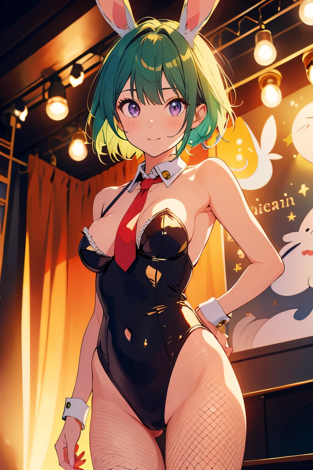 (highest quality,stage top:1.2),(anime style,comic core:1.1),1 girl,cute style,adorable,highly detailed eyes,highly detailed face,very fine hair,About Hipder,8K、green hair、short hair、red cheeks、black high leg bunny、Fishnet tights、white rabbit ears、Beautiful leg lines、Tie it up、butt、purple eyes、valley、Detailed anime faces