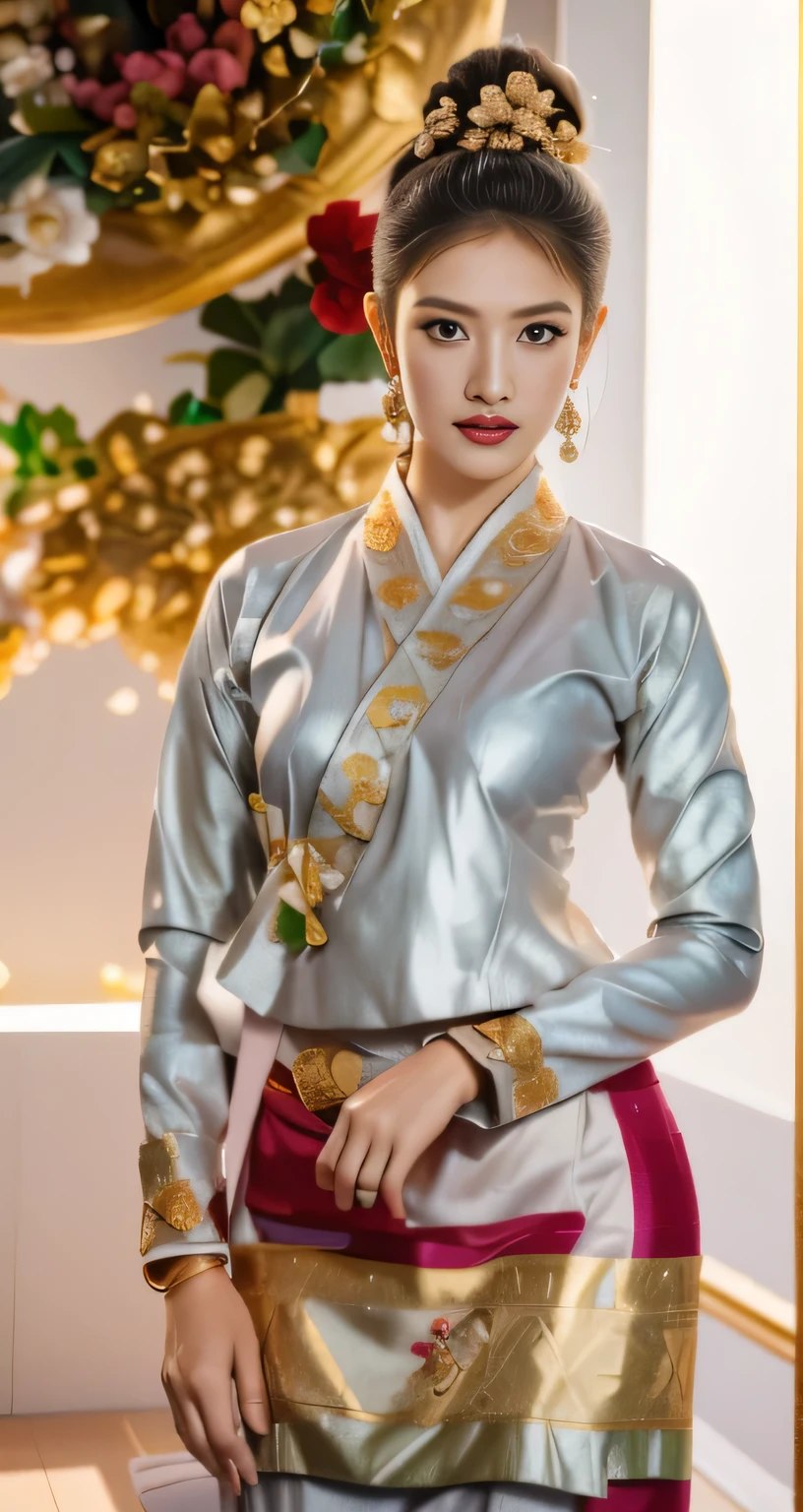 master-piece, 1girl best,looking at the audience,outdoor, Bagan temple,full body,Seduction,clean,Exquisite Face,pure face, captivating beautiful eyes, pink lips, Fair-skinned,sexy pose,((Traditional northern Thai Lanna costume)), ((Keng Tong Tai Khun traditional costume)),((Shan dress)), very elegant dress, luxury and details Tai Khun traditional outfit, white gold color top and red and green gold stripes pattern bottom,long-haire messy bun with flower, (((wearing many silver bangle, gold earrings))),((perfect female figure)),real person,