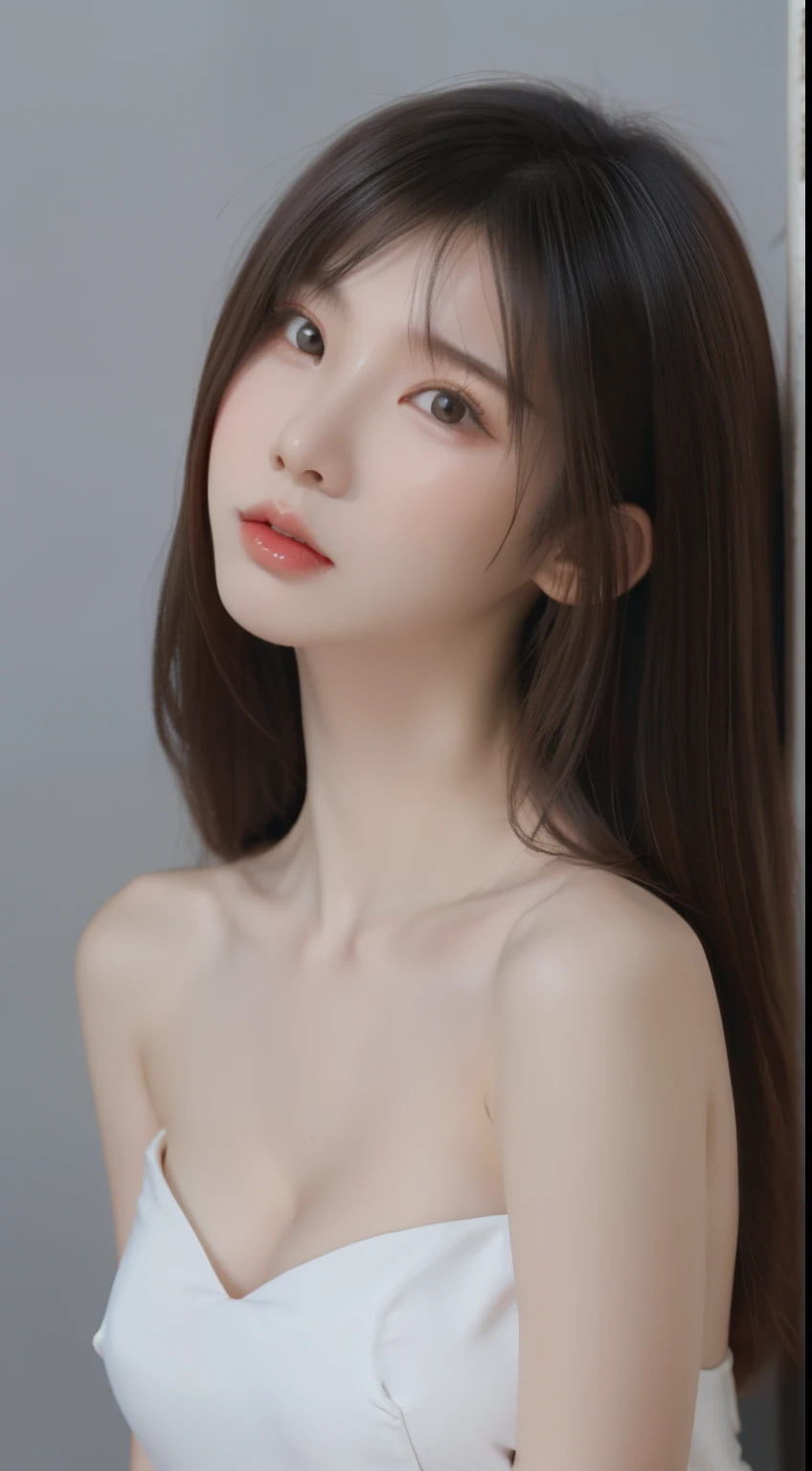 tx,solo,tập trung nam,1girl,Skin color,portrait,actual,tai nghe,gray background,white eyes,collarbones,da xanh,Gray eyes,tượng đồng,