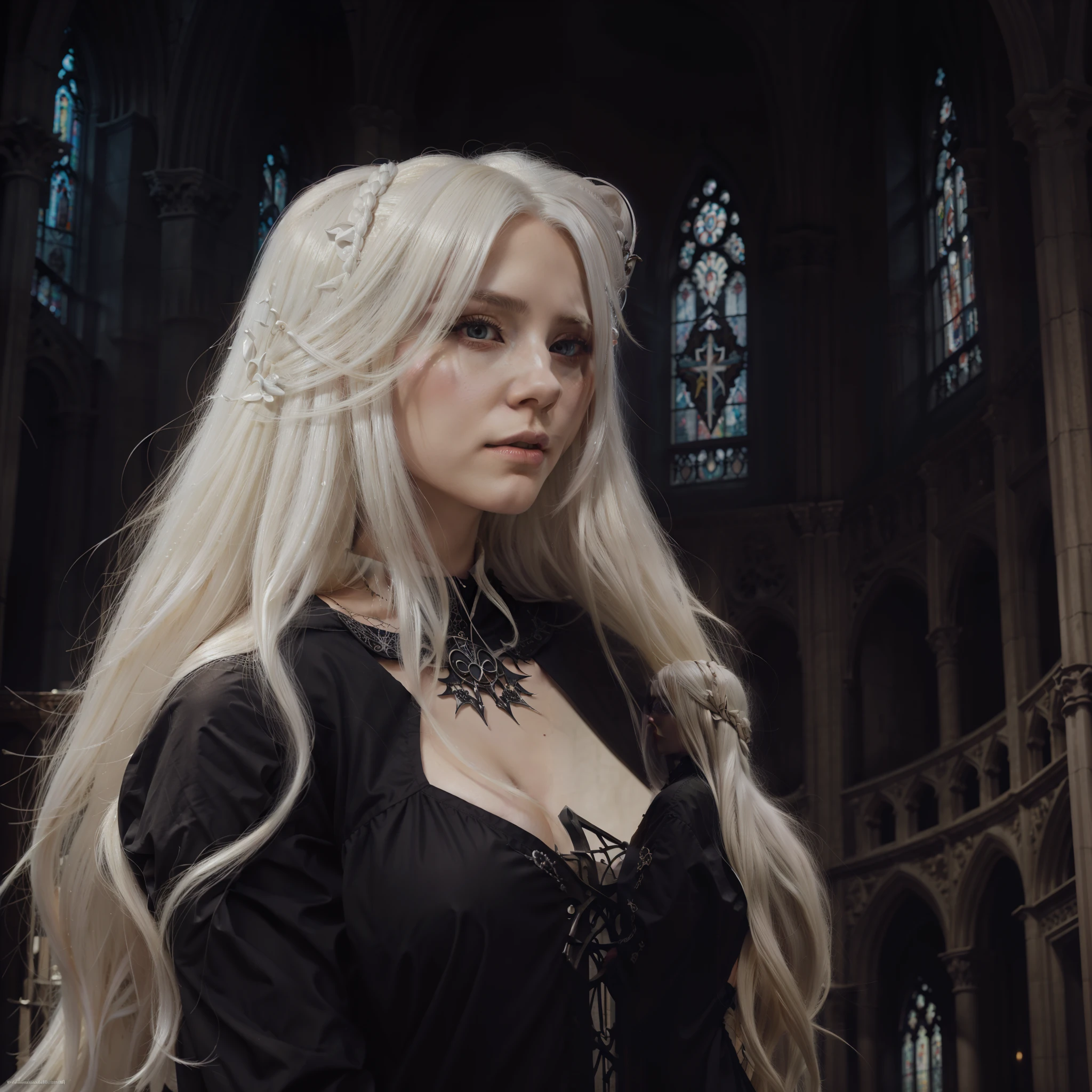 a woman with long white hair standing in a church, castlevania witch, behind her a gothic cathedral, in the art style of bowater, inspired by Li Chevalier, gothic maiden anime girl, anor londo, detailed digital anime art, detailed anime character art, white haired deity, blonde anime girl with long hair, gothic city streets behind her