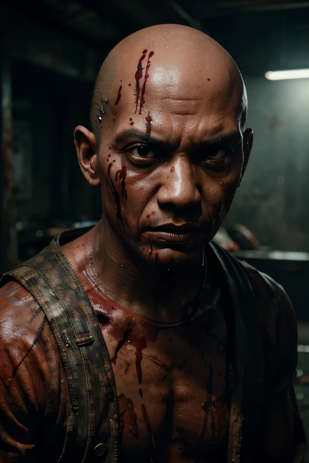 scary looking bald young indonesian man with red paint on his face, creepy mutant flesh creatures, 4k horror cgi, zombies in horror concept art, horror!! highly detailed, highly detailed faces and bodies, resident evil virus concept art, highly detailed horror, detailed 4k horror artwork, cyberpunk horror style, highly detailed horror dystopia, cyborg zombies