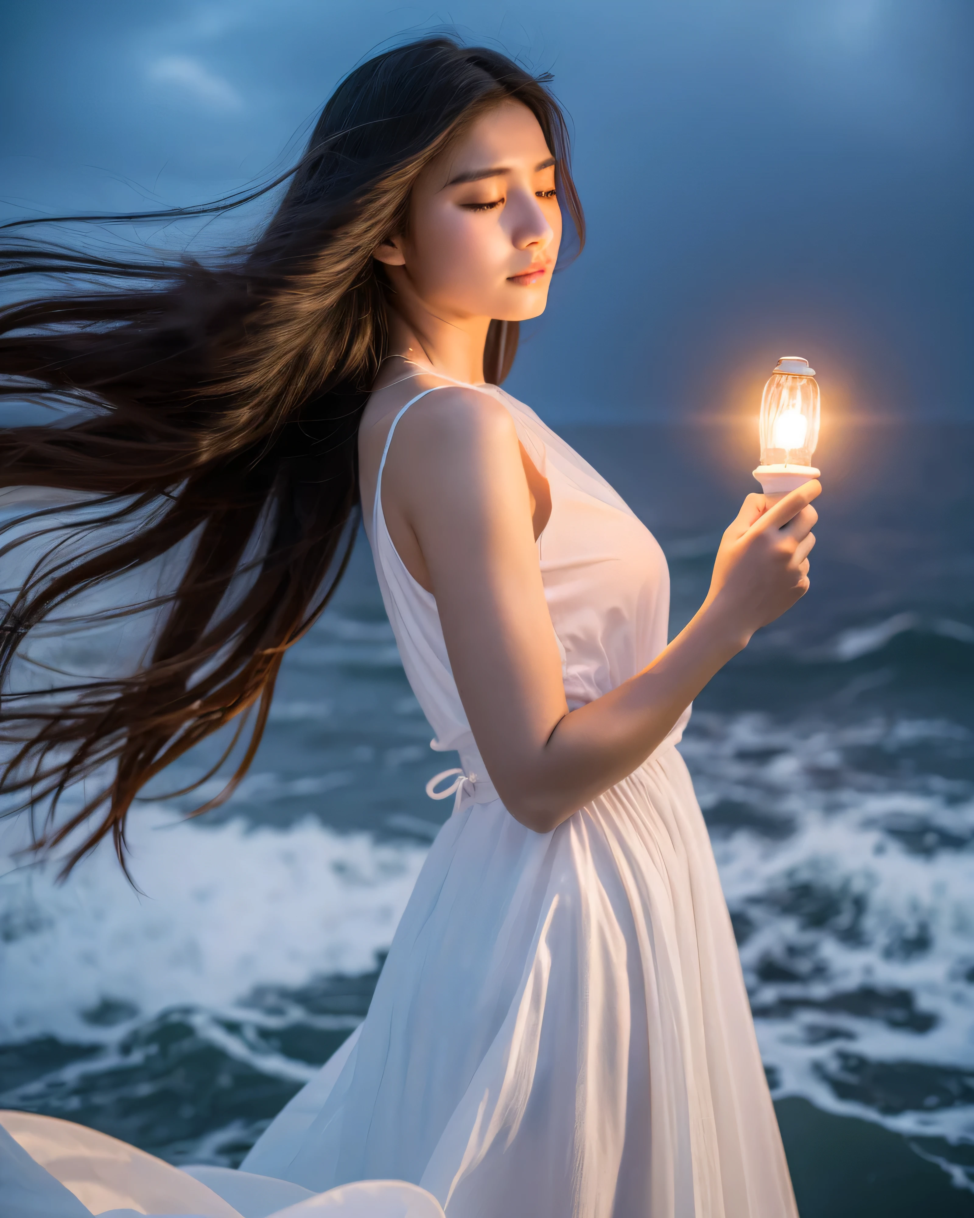 (highest quality, 32k, High resolution, masterpiece:1.5, ), detailed sea and sky, raging storm々Standing in the sea, beautiful japanese woman, 17 years old, Holding a small light with both hands, accurate hands, Thumb and４real finger, perfectly shaped beautiful face, eyes closed as if praying, beautiful black hair, Super long smooth hair, white dress, Holding a small light with both hands as if it were important, raging storm々get over the bad feelings、Showing calm like a calm sea, Inner strength is wrapped in delicacy、Radiates inner beauty。A woman&#39;s heart is like a lighthouse、Move the world with invisible power、illuminate everything around you, professional lighting, professional photographer, Professional models