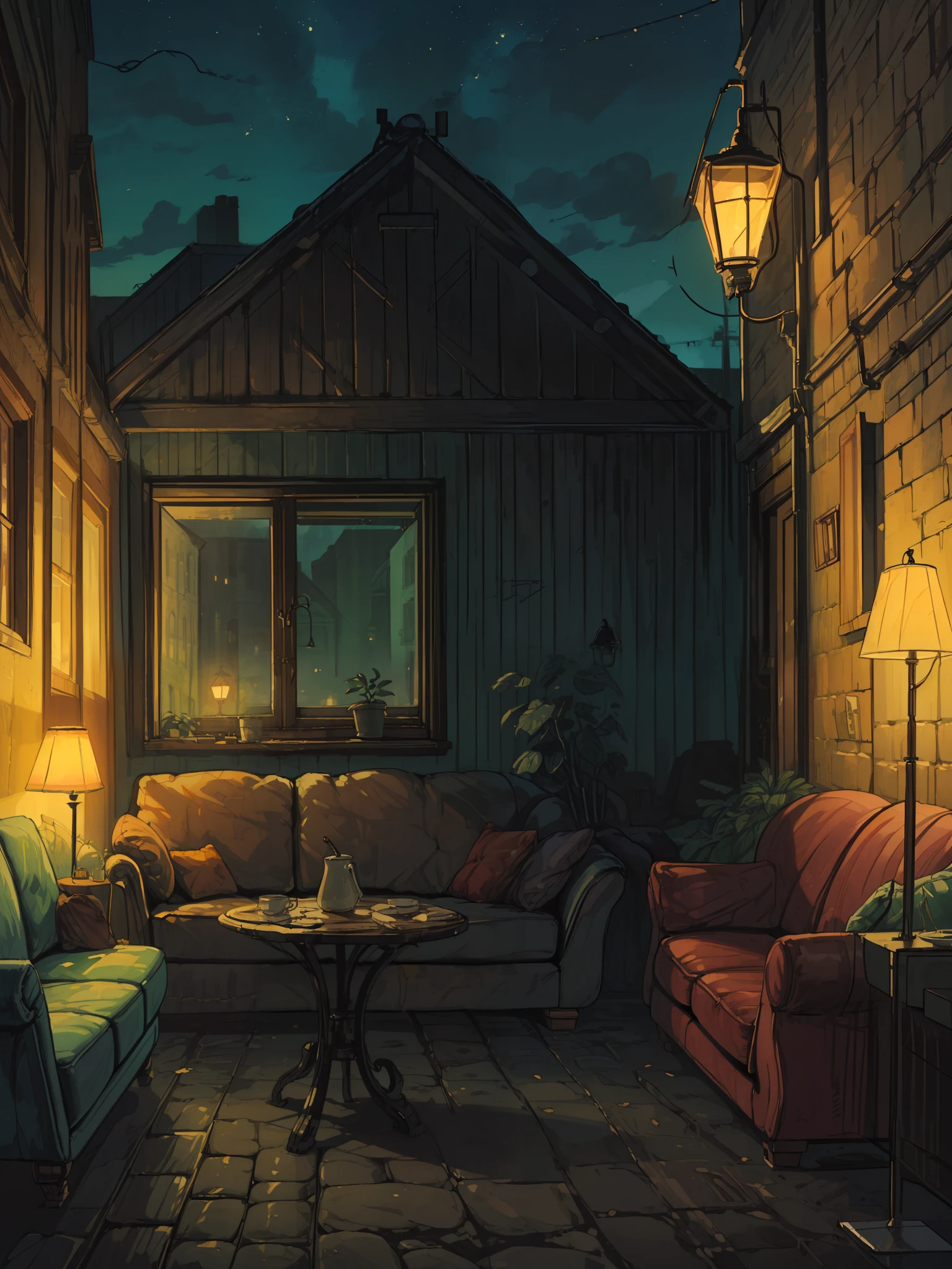 (masterpiece:1), (wide view:1.8),(interior of a cozy  cafe:1.7), (nature:1.3), (evening time:1.6), (cozy dim light:1.65), silence, (tropical plant pots:1.5), (environment color palette:1.5), (cutlery on table:1.7), (bakery items in counter:1.5), magnificent sky, (lamp:1.6), (street visible from window:1.6), (rice lights:1.6), (volumetric light:1.2), peaceful, (air conditioner:1.4), (evening sky:1.5),(decor:1.3), (calmness:1.3), (ambient bright light:1.5), (scenery:1.4), (beautiful aesthetics:1.2), (blinders:1.5), (sofa:1.6) beautiful tones, subtle colors, peaceful, (illustration: 1.0), epic composition, realistic lighting, (no human:1.6), HD details, masterpiece, best quality, ,