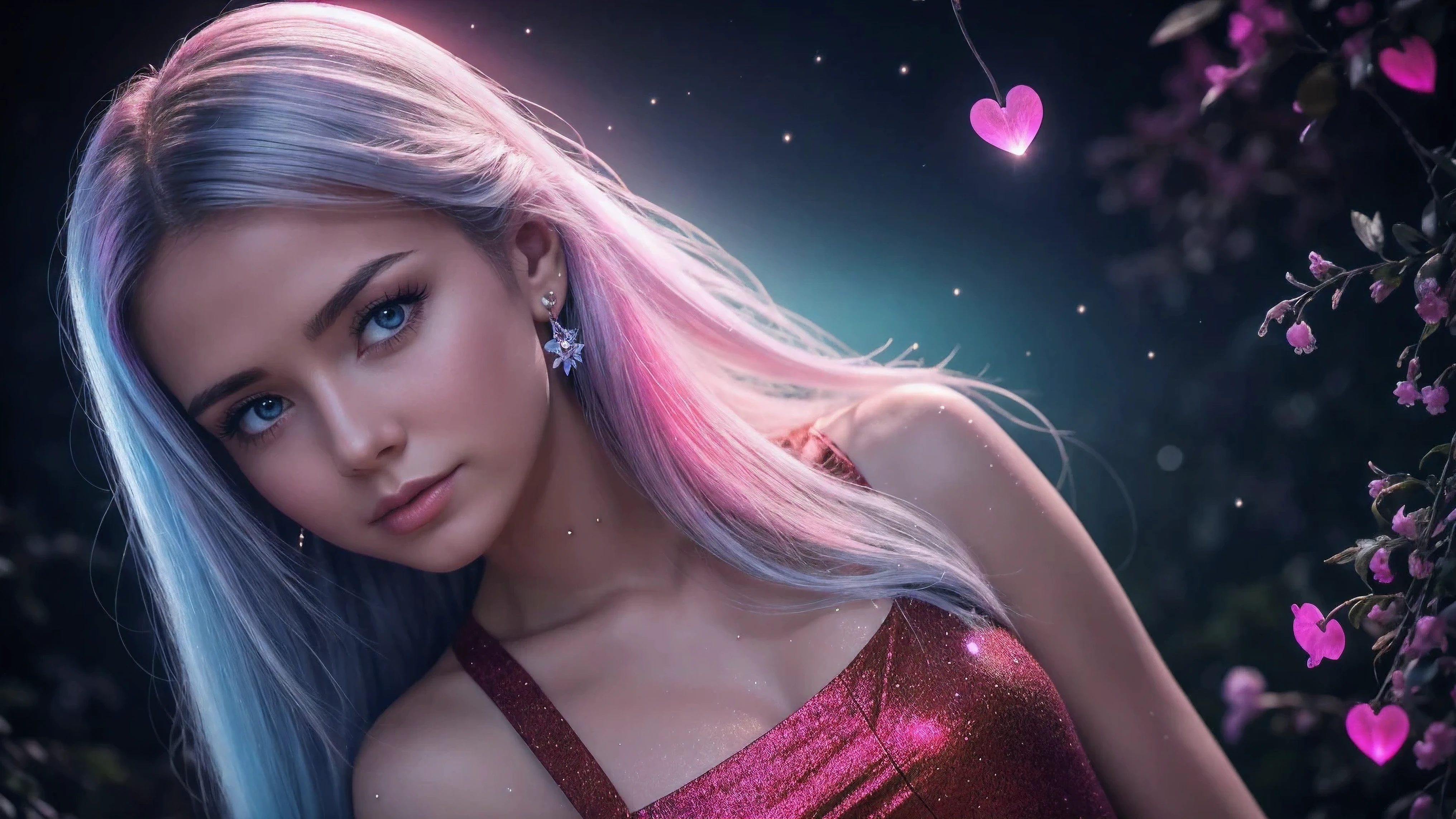 close-upBeautiful realistic girl with blue long hair in the fog,deep atmosphere ,Close-up of clean skin with detailed skin ,,in black tights and a pink blouse ,on an orange background ,Against the background of the starry sky,Bright makeup,EARRINGS WITH GLITTERS,two-leaf gray flower,translucent speckled bifoliate gray,Bioluminescent - Ultra High Quality 8K Music Equalizer, high passion, Rich colors, Soft light, Super detailed photos. ultra high quality 8K, high passion, Noise reduction, яркие Rich colors.. high quality, 8k Ultra HD, high passionhigh quality,мягкие close focus,very beautiful flower, translucent red lily of the valley with dew drop flower, bioluminescent flower glows and shimmers, he grows in a mysterious forest, shrouded in mystery, Сверхhigh quality 8k, high contrast t, Rich colors, Soft light, Ultra-detailed photos. Сверхhigh quality 8k, tall with the spotlight on a girl in a black and red dress.., High detail, realistic beautiful girl with long light yellow hair, Gradient ,girl with good charisma, creative approach to non-standard poses,., Girl in miniskirt, there are splashes of silver dust, and behind him nebula, atmospheric lighting, surrounded by wet dew drops, behind the fantasy world, on a beautiful background, glare, shine, shine, spray drops, high quality, 8k Ultra HD, high contrast, high quality, Soft light, Close-up of a beautiful realistic girl with BRIGHT WHITE TURQUOISE and pink long hair......... ,Close-up of clean skin with detailed skin ,full length, in a short miniskirt, Preparation Realistic room with silver patterns with pearlescent shine,in drops of dew, stands in a beautiful place where there are a lot of rubber hearts ,everything around is pink and blue,grow along the edges with flowers,in the moonlit meadow ,nebula,epic mood,Best quality,ultra detail,Contrast,clear focus,volumetric light
