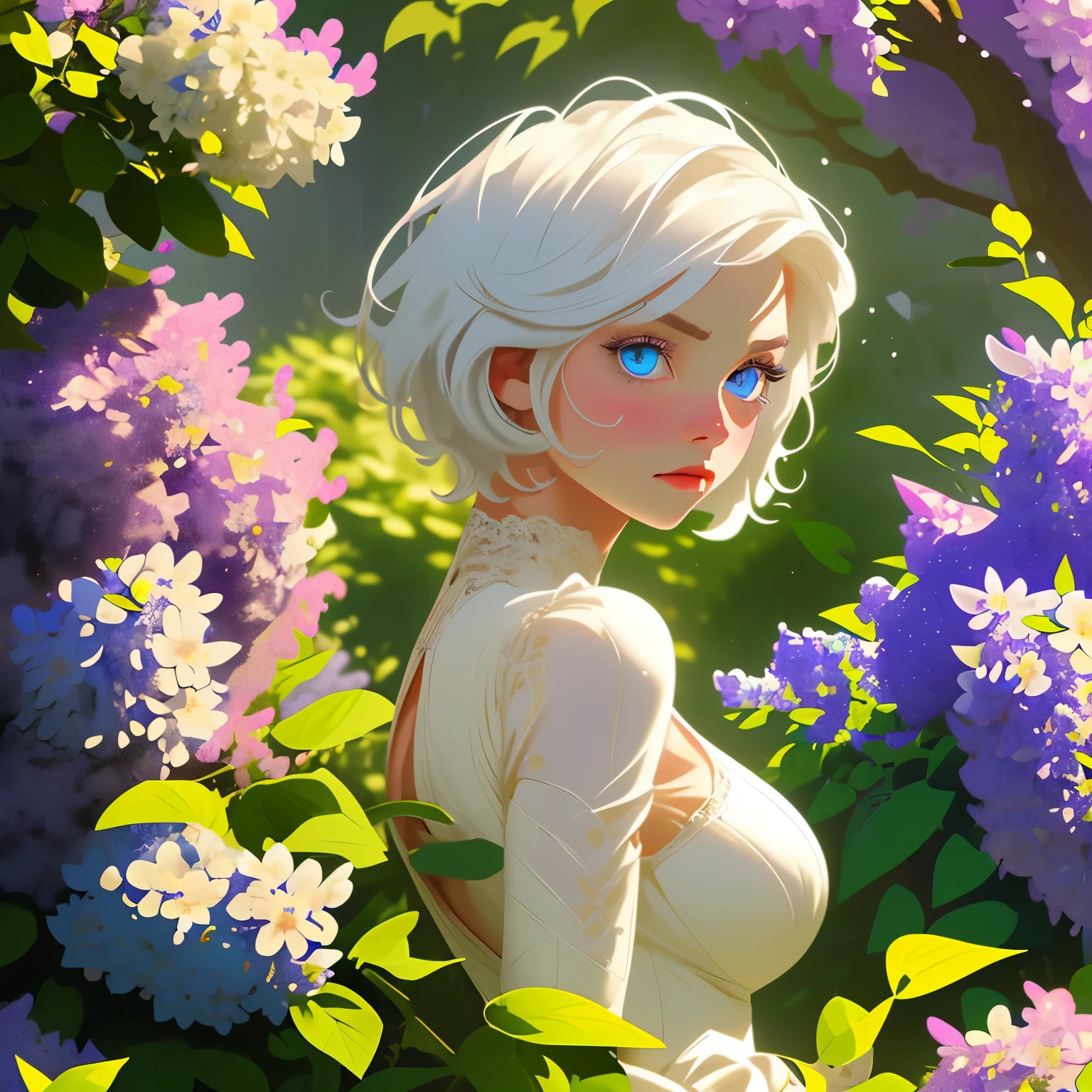 portrait, Fantasy, world, garden, a lot of vegetation, flowers, girl, short white hair, in a chic ball gown, Blue eyes, expressive breasts, hid in bushes of flowers, bunches of lilacs, peeks out from behind bushes of flowers