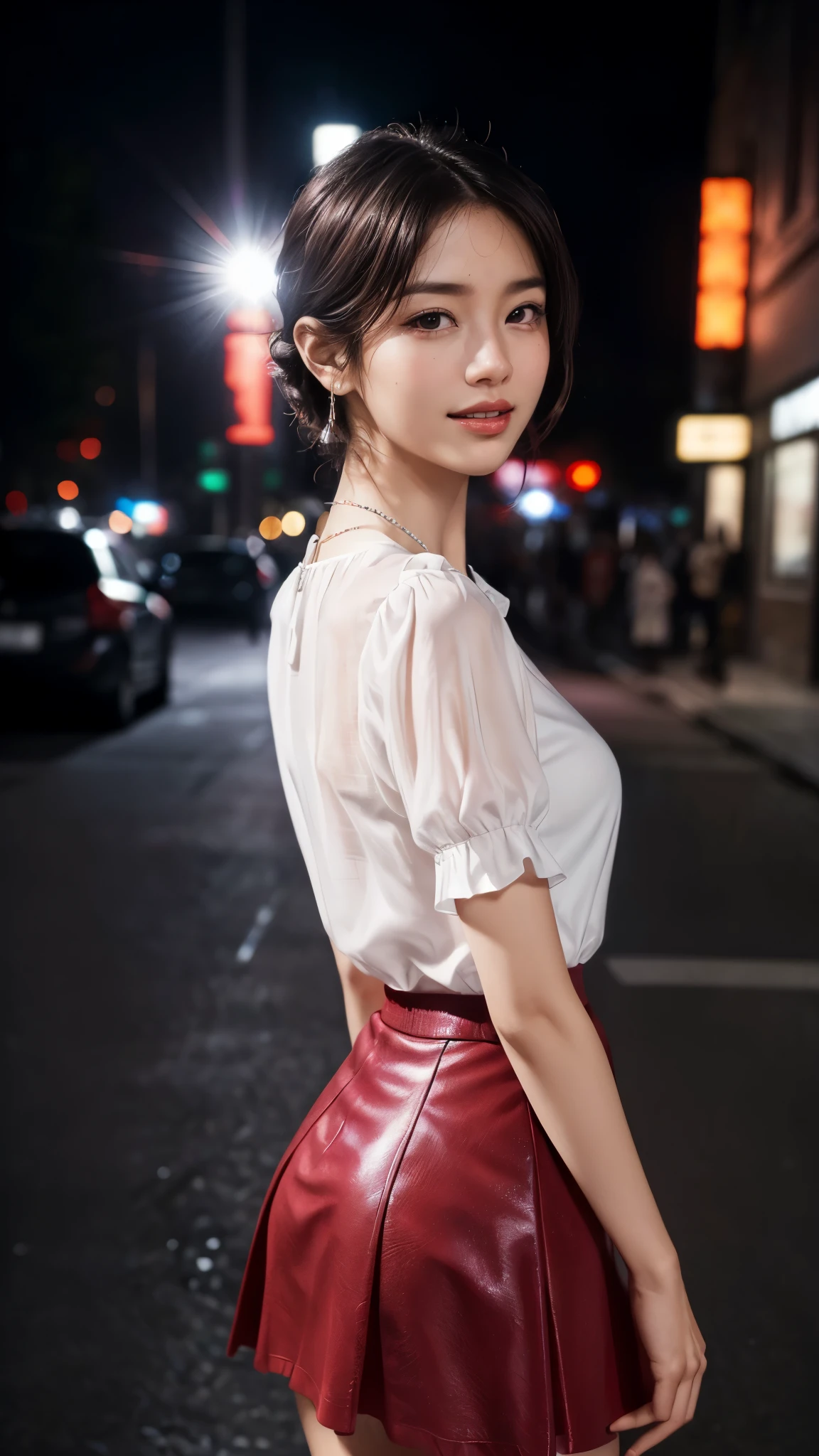 8k, masterpiece, RAW photo, best quality, photorealistic, extremely detailed CG unity 8k wallpaper, Depth of field, Cinematic Light, Lens Flare, Ray tracing, (extremely beautiful face, beautiful lips, beautiful eyes), intricate detail face, ((ultra detailed skin)) 1girl, in the dark, deep shadow, pretty korean girl, kpop idol,(very slim slender fit-muscled body:1.3), ((looking at viewer)),(big smile:1.3), (night, (neon sign), (blurry background), midnight, (without people in the background:1.3), pretty korean girl, white diamond earrings, bracelets, necklace, clear eyes, walking , front shot, (pale skin), face forward, (big eyes), full body shot, ((see through blouse)), (hot purple color blouse)), (( Red laced skirt)), (looking at viewer:1.3), very slim, medium breasts, Hermes bag, mini skirt, updo hair, short hair, turning back, (back shot), medium butts