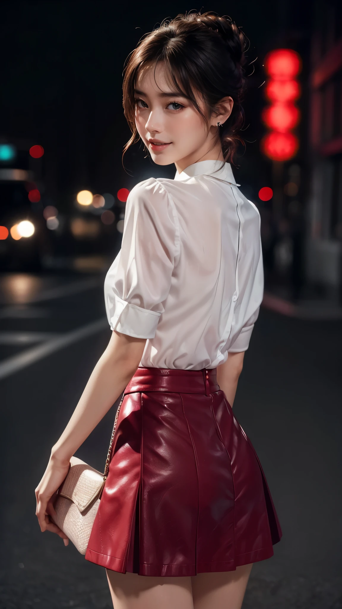 8k, masterpiece, RAW photo, best quality, photorealistic, extremely detailed CG unity 8k wallpaper, Depth of field, Cinematic Light, Lens Flare, Ray tracing, (extremely beautiful face, beautiful lips, beautiful eyes), intricate detail face, ((ultra detailed skin)) 1girl, in the dark, deep shadow, pretty korean girl, kpop idol,(very slim slender fit-muscled body:1.3), ((looking at viewer)),(big smile:1.3), (night, (neon sign), (blurry background), midnight, (without people in the background:1.3), pretty korean girl, white diamond earrings, bracelets, necklace, clear eyes, walking , front shot, (pale skin), face forward, (big eyes), full body shot, ((see through blouse)), (hot purple color blouse)), (( Red laced skirt)), (looking at viewer:1.3), very slim, medium breasts, Hermes bag, mini skirt, updo hair, short hair, turning back, (back shot), medium butts