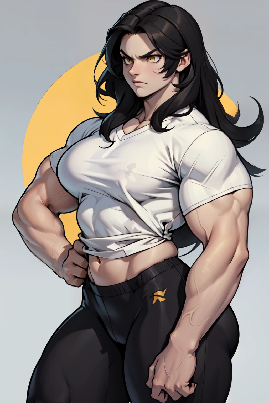 ((1girl)) pale skin large breasts (muscular) toned body thick thighs black hair yellow eyes (long hair grey background) bodybuilder angry tight shirt