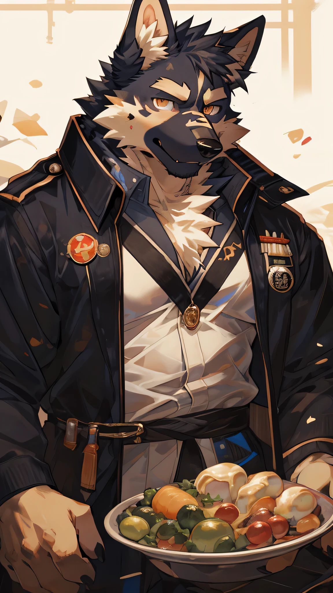masterpiece,high quality,perfect anatomy,furry,anthro dog,border collie,male, niji5,open the clothes,German shepherd,bright eyes,scar on face,,detailed face,by kiyosan,close up face