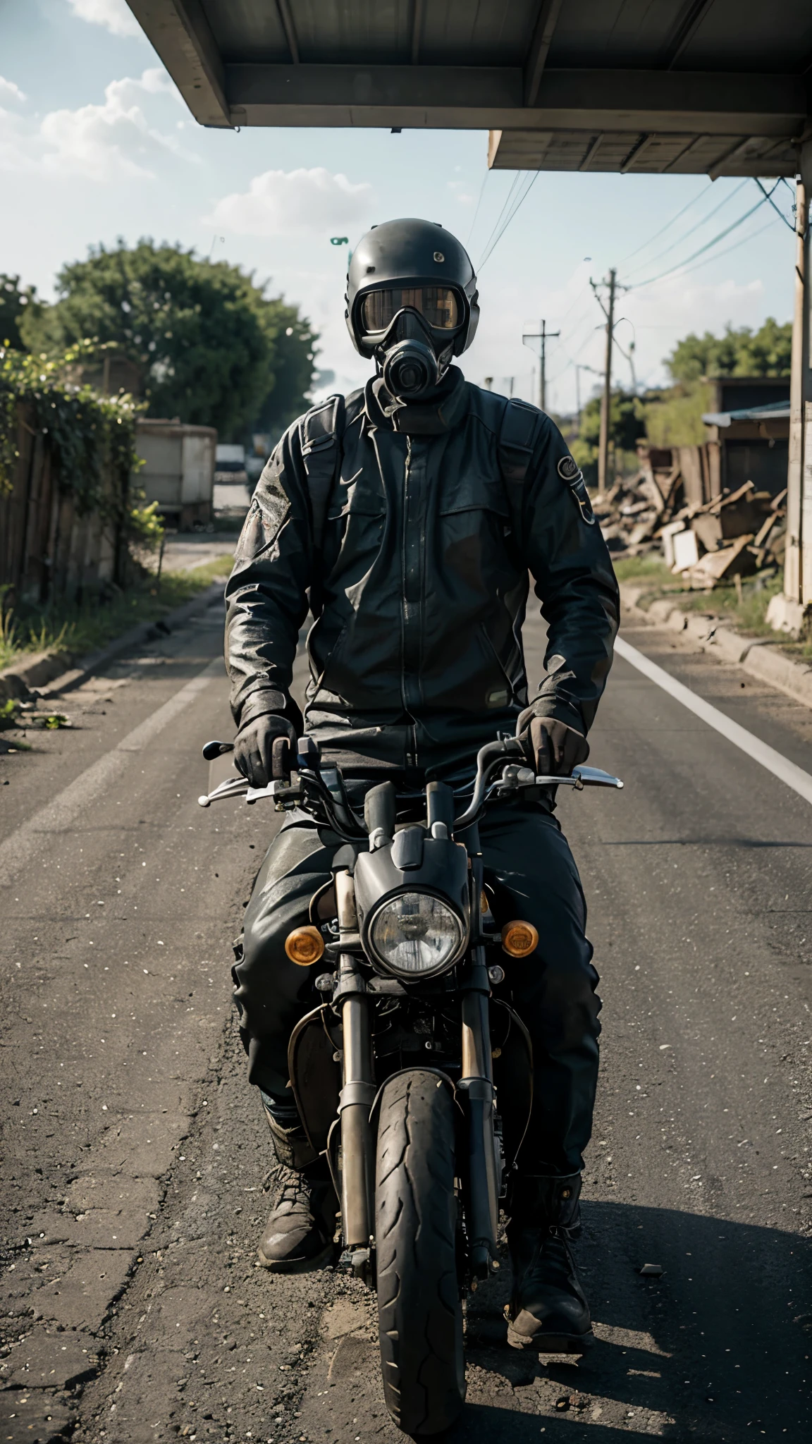 A motorcyclist with a gas mask on a road in a place destroyed by radioactivity with toxic gases in the air