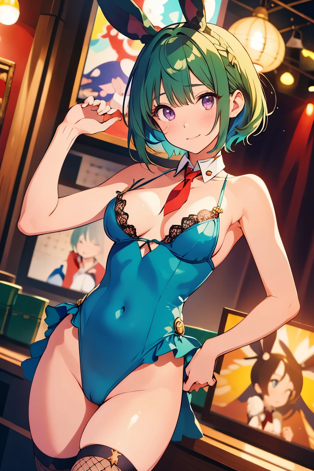(highest quality,stage top:1.2),(anime style,comic core:1.1),1 girl,cute style,adorable,highly detailed eyes,highly detailed face,very fine hair,About Hipder,8K、green hair、short hair、red cheeks、black high leg bunny、Fishnet tights、white rabbit ears、Beautiful leg lines、Tie it up、butt、purple eyes、valley、Detailed anime faceedium breasts
