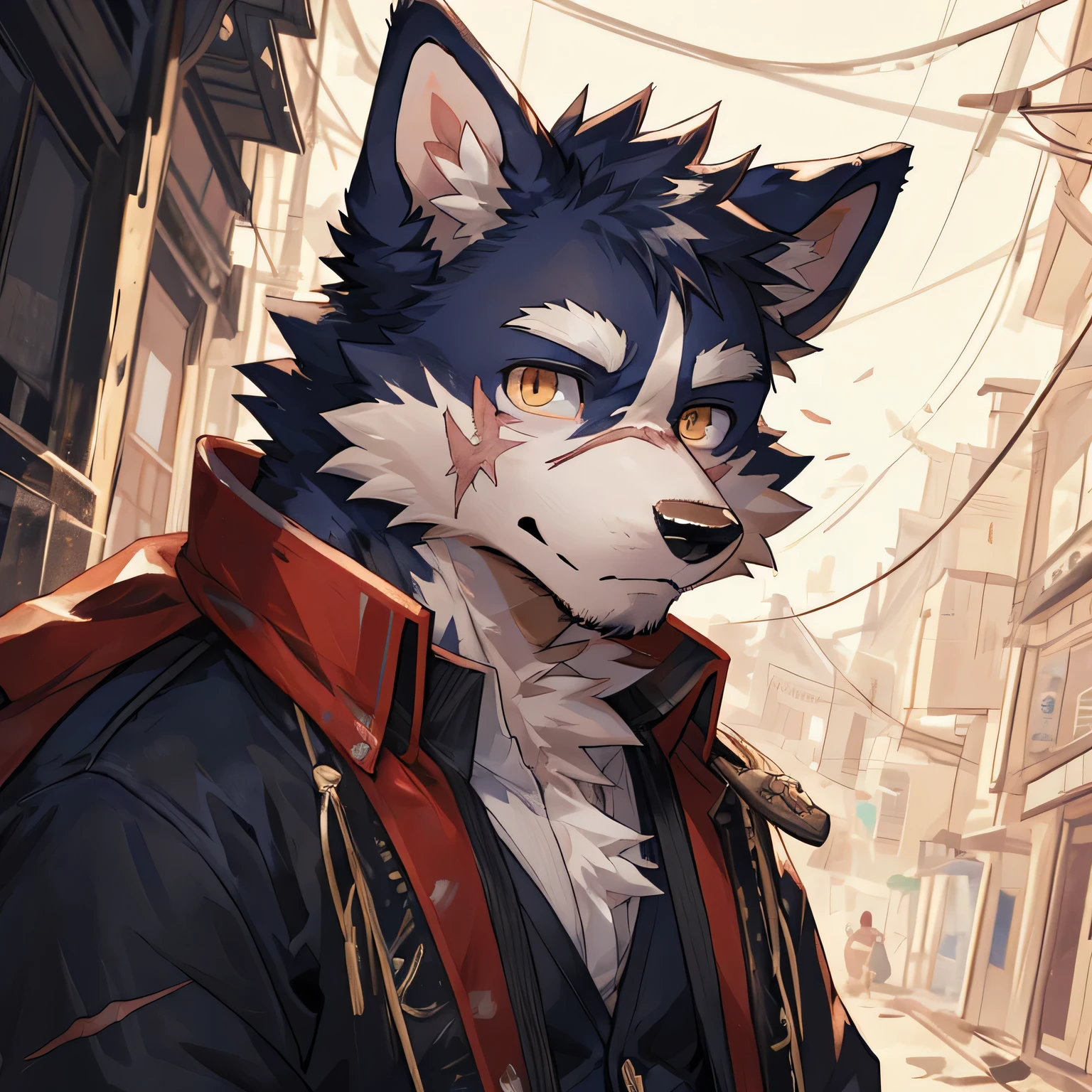 masterpiece，high quality，perfect anatomy，furry，anthro dog，border collie，male， niji5，brown pupils，bright eyes，scar on face，detailed face，by kiyosan，close up face