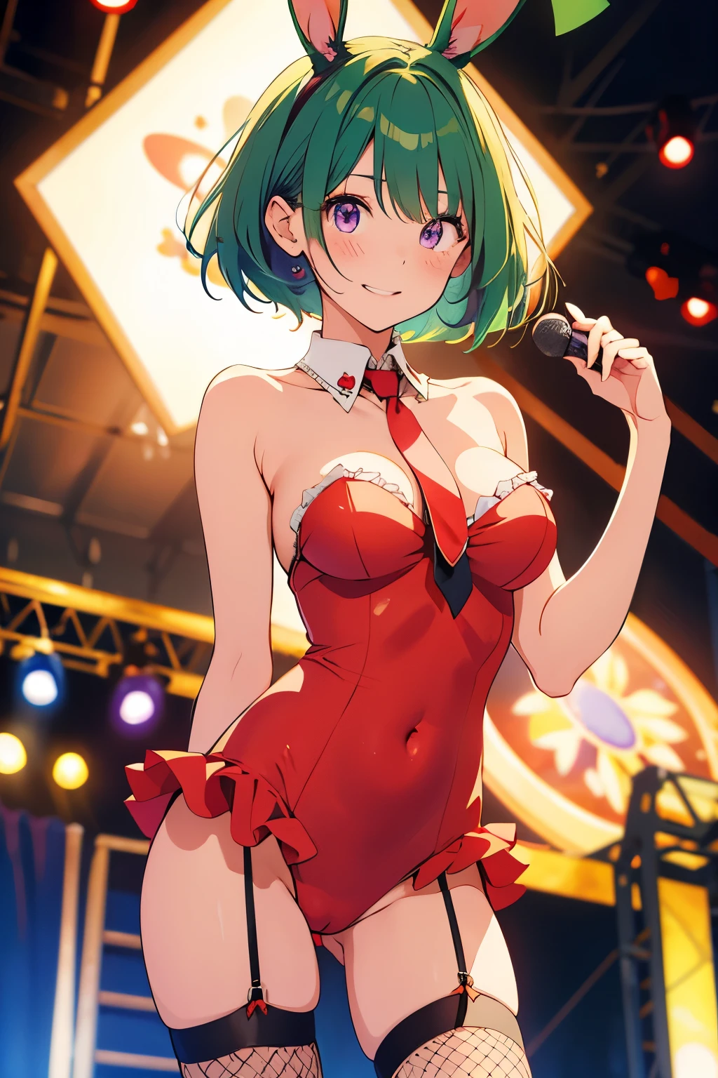 (highest quality,stage top:1.2),(anime style,comic core:1.1),1 girl,cute style,adorable,highly detailed eyes,highly detailed face,very fine hair,About Hipder,8K、green hair、short hair、red cheeks、black high leg bunny、Fishnet tights、white rabbit ears、Beautiful leg lines、Tie it up、butt、purple eyes、valley、Detailed anime faceedium breasts