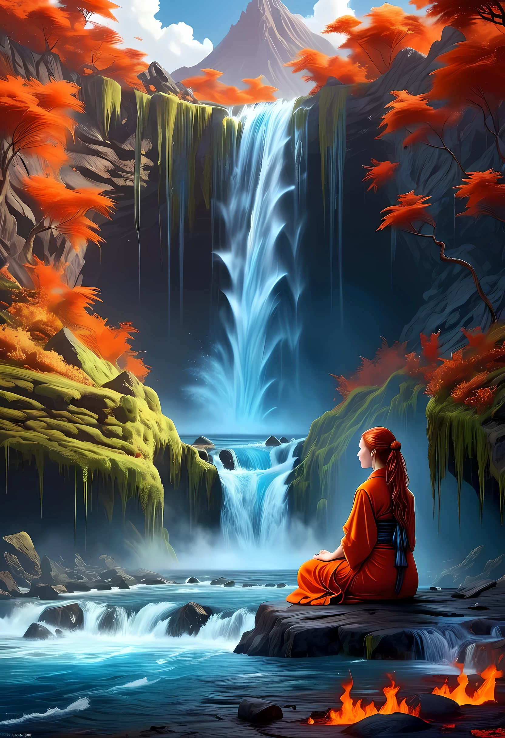 fantasy art, photorealistic, D&D art, a picture of a female monk sitting and meditating near a waterfall, at the base of the waterfall,  there is a human woman monk wearing monk garbs, meditating near a bonfire near an (epic sized waterfall: 1.3), red hair, long hair, full body (best details, Masterpiece, best quality :1.5), ultra detailed face (best details, Masterpiece, best quality :1.5), ultra feminine (best details, Masterpiece, best quality :1.5), exquisite beautiful (best details, Masterpiece, best quality :1.5) red hair, long hair, wavy hair, pale skin, blue eyes, intense eyes, water coming down from a volcanic cliff, multi level water falls, several pools created in different levels, forming new waterfalls, water cascading into a (large lava pool: 1.3) steam rising, clear water in many hues of blue and azure falling, ultra best realistic, best details, best quality, 16k, [ultra detailed], masterpiece, best quality, (extremely detailed), ultra wide shot, photorealism, depth of field, hyper realistic painting, faize 