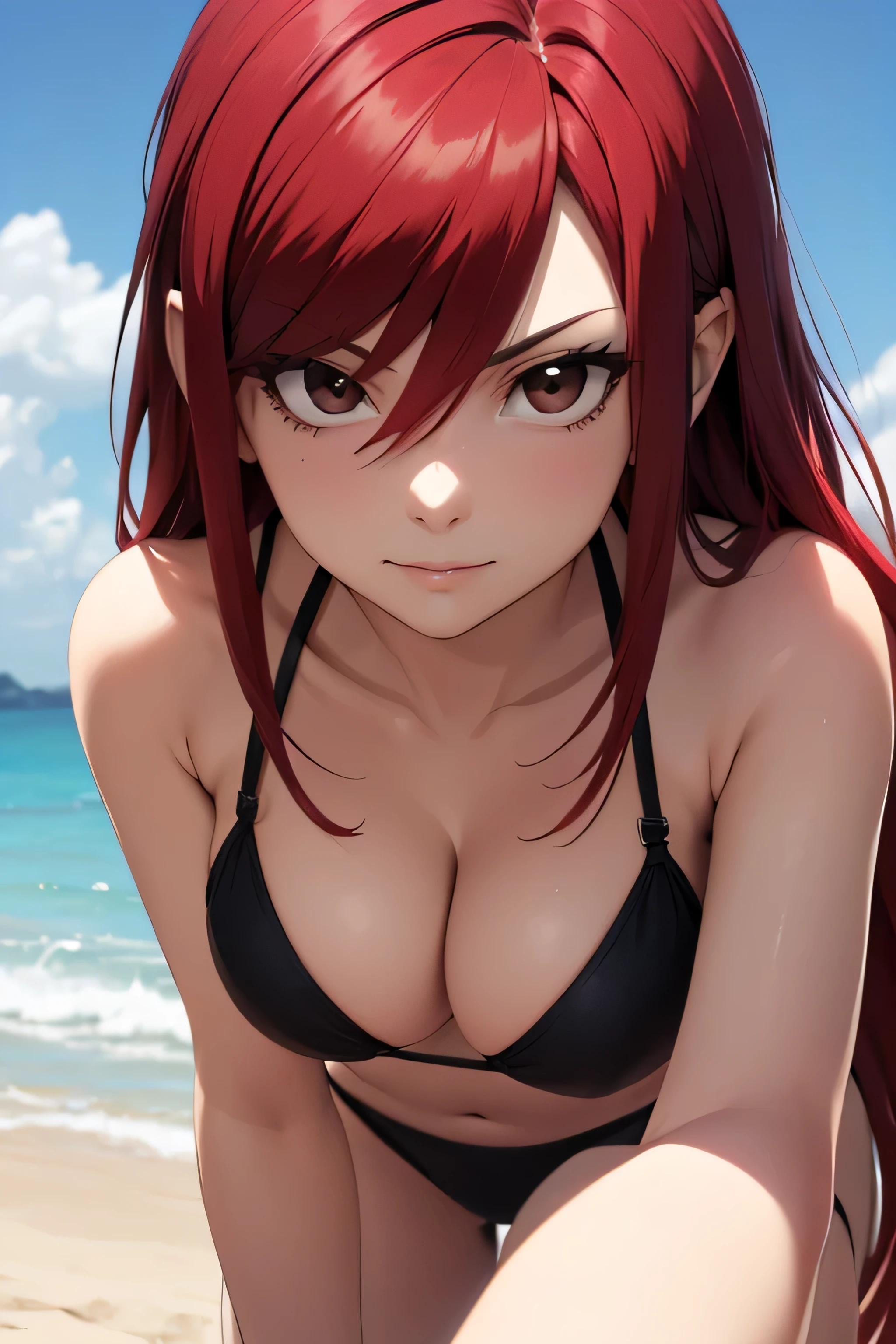 absurdres, high res, ultrasharp, 8K, {masterpiece}, expressive eyes, extremely detailed, best quality, perfect face, erza scarlet, long hair, (red hair:1.5), hair between eyes, (brown eyes:1.7), large breasts, pleased, beach, bikini, seductive pose,