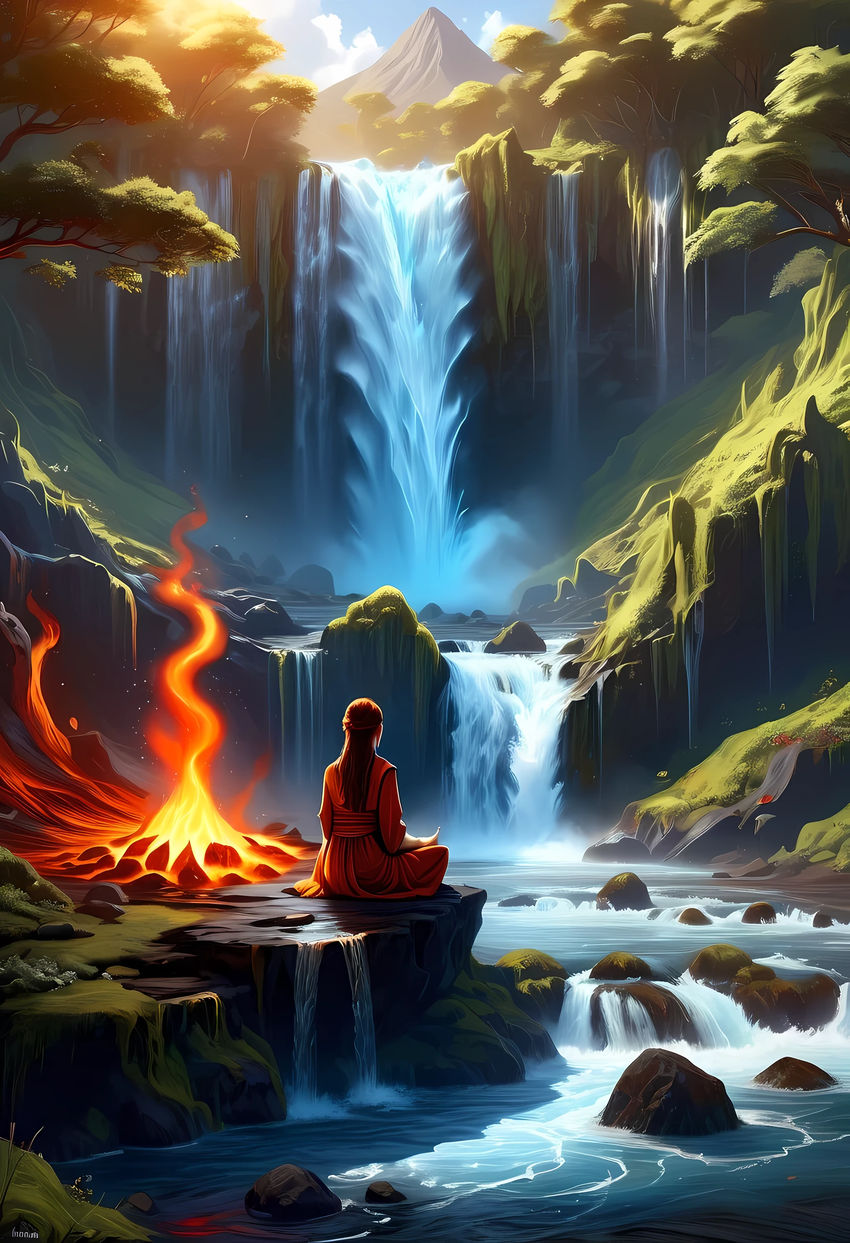 fantasy art, photorealistic, D&D art, a picture of a female monk sitting and meditating near a waterfall, at the base of the waterfall,  there is a human woman monk wearing monk garbs, meditating near a bonfire near an (epic sized waterfall: 1.3), red hair, long hair, full body (best details, Masterpiece, best quality :1.5), ultra detailed face (best details, Masterpiece, best quality :1.5), ultra feminine (best details, Masterpiece, best quality :1.5), exquisite beautiful (best details, Masterpiece, best quality :1.5) red hair, long hair, wavy hair, pale skin, blue eyes, intense eyes, water coming down from a volcanic cliff, multi level water falls, several pools created in different levels, forming new waterfalls, water cascading into a (large lava pool: 1.3) steam rising, clear water in many hues of blue and azure falling, ultra best realistic, best details, best quality, 16k, [ultra detailed], masterpiece, best quality, (extremely detailed), ultra wide shot, photorealism, depth of field, hyper realistic painting, faize 