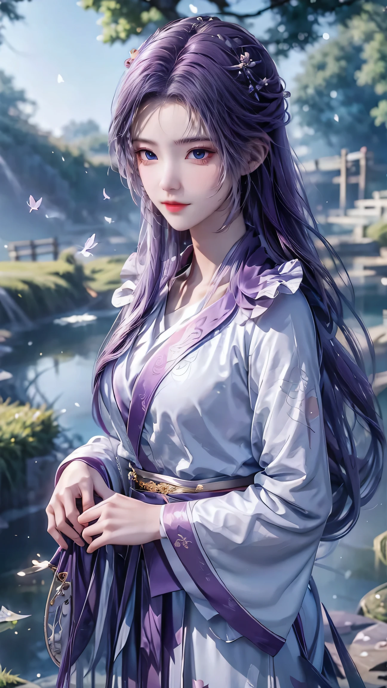 1 girl, long purple hair, bright purple eyes, smiling,Girl wearing hanfu,Girl is standing in a forest filled with mulberry trees,autumn,evening,sunset,The wind blows the girl's long flowing hair, the girl is holding a traditional Chinese umbrella, graceful, beautiful,