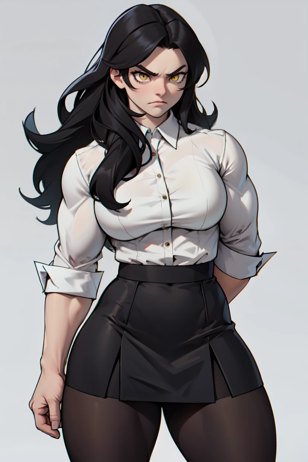 ((1girl)) pale skin large breasts (muscular) toned body thick thighs black hair yellow eyes (long hair grey background) bodybuilder angry pantyhose skirt tight white shirt