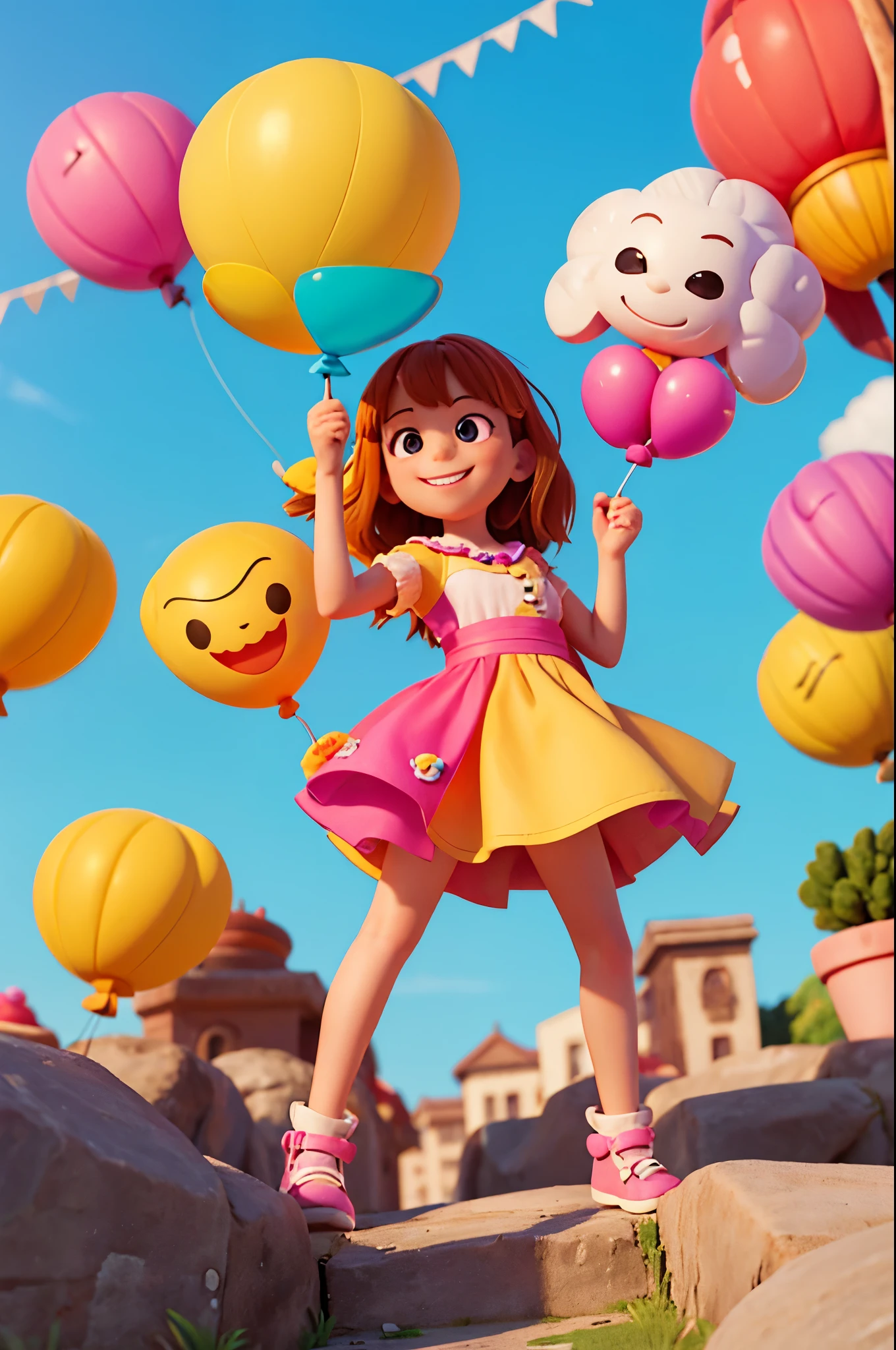 /prompt an image of a smiling holding a brain-shaped balloon, with bright colors and playful elements around, como borboletas e flores.