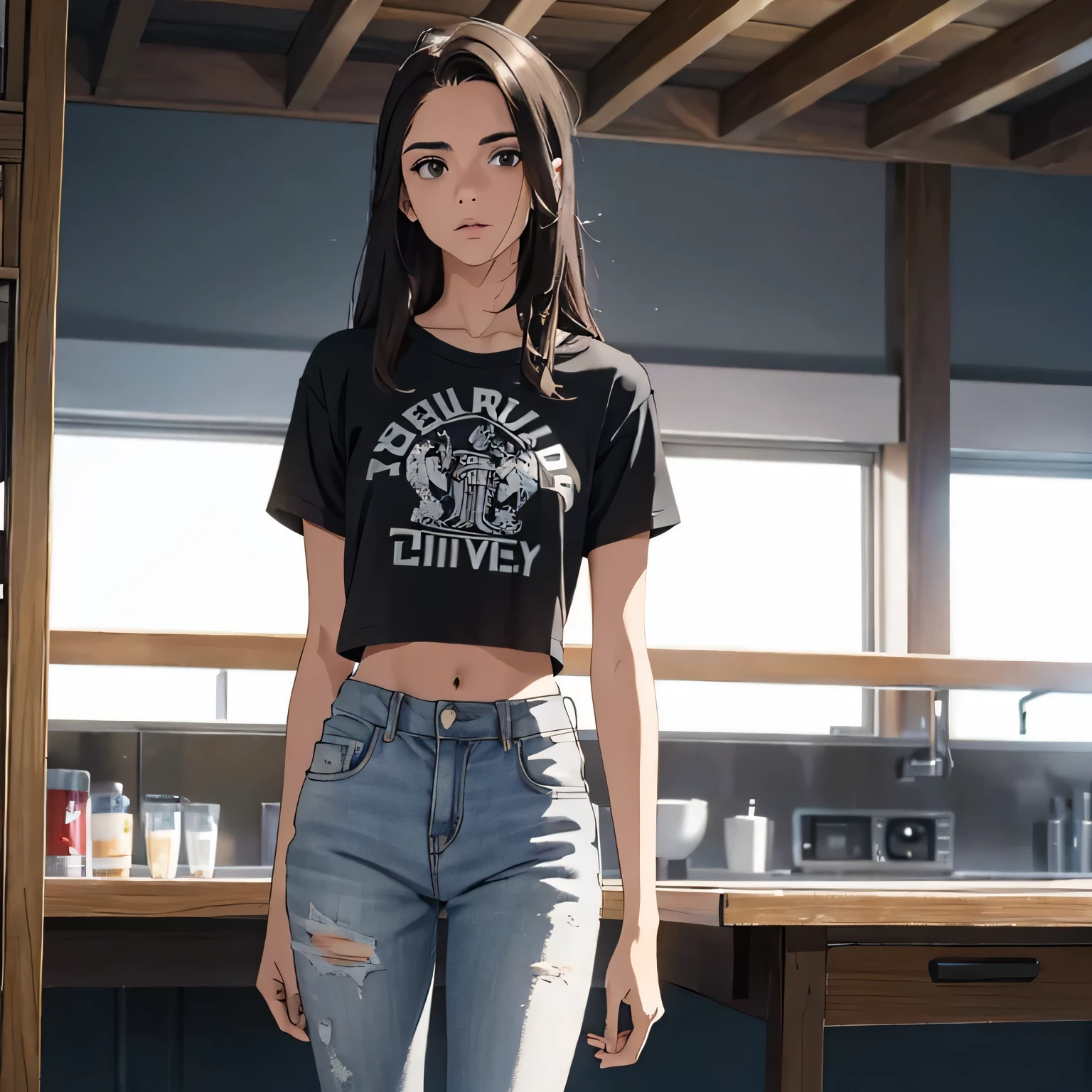 la mejor calidad, cuerpo completo como，cara refinada，20 year old university student，Cuerpo delgado，smaller bust，Camiseta crop top blanca，Pantalones cortos ultra denim sin cintura，escena callejera，Stand tall 